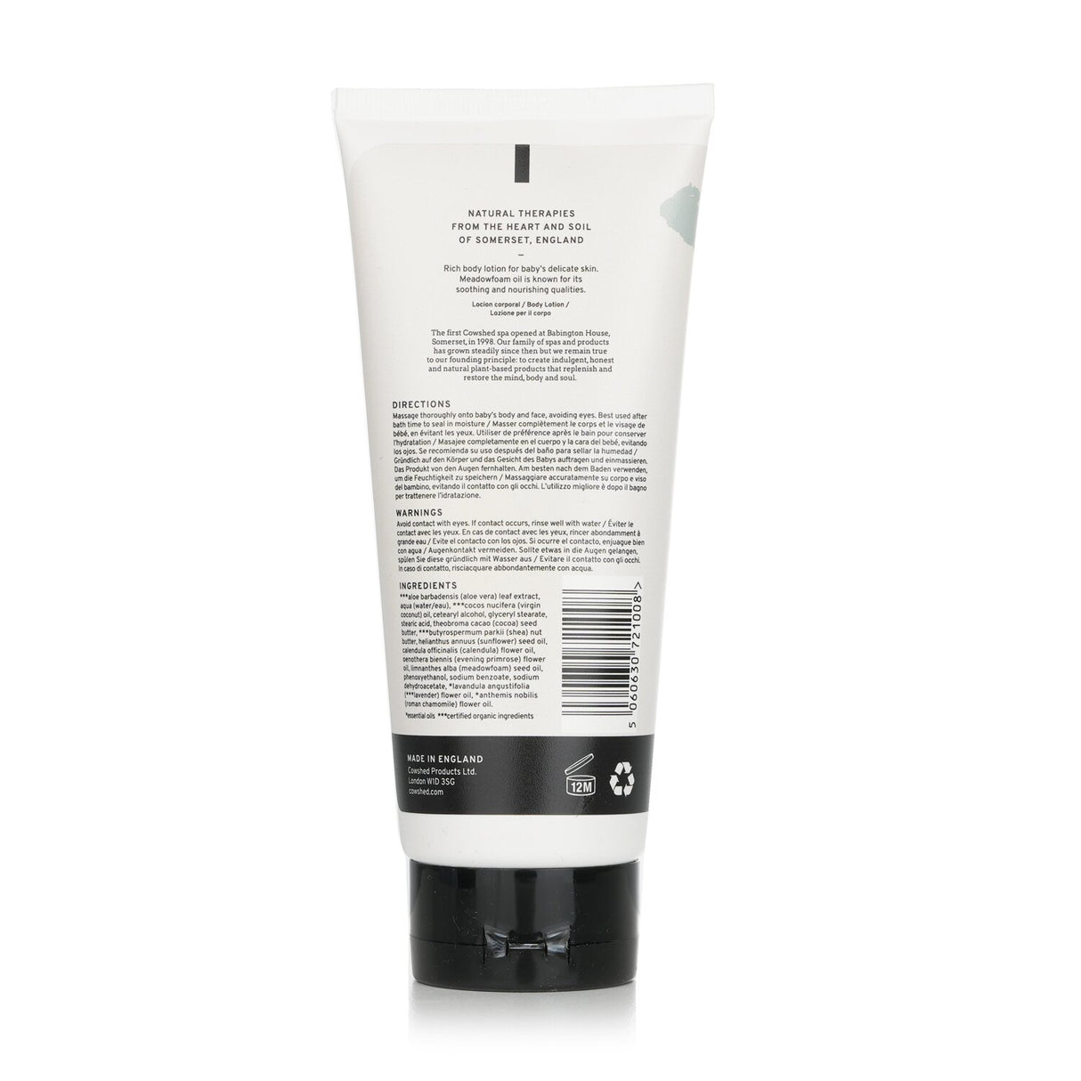 Cowshed Baby Milky Body Lotion, a 200ml natural moisturizer with coconut oil and cocoa butter for delicate baby skin.