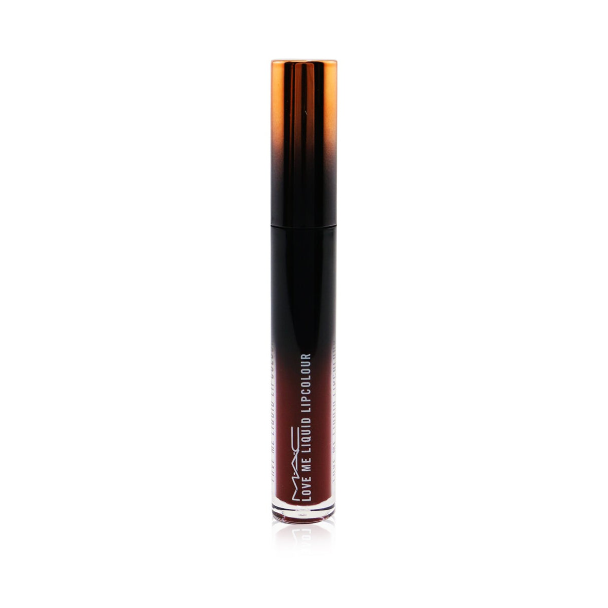 Deep red MAC Love Me Liquid Lipcolour, rich color with hydrating formula and precision applicator for smooth application.