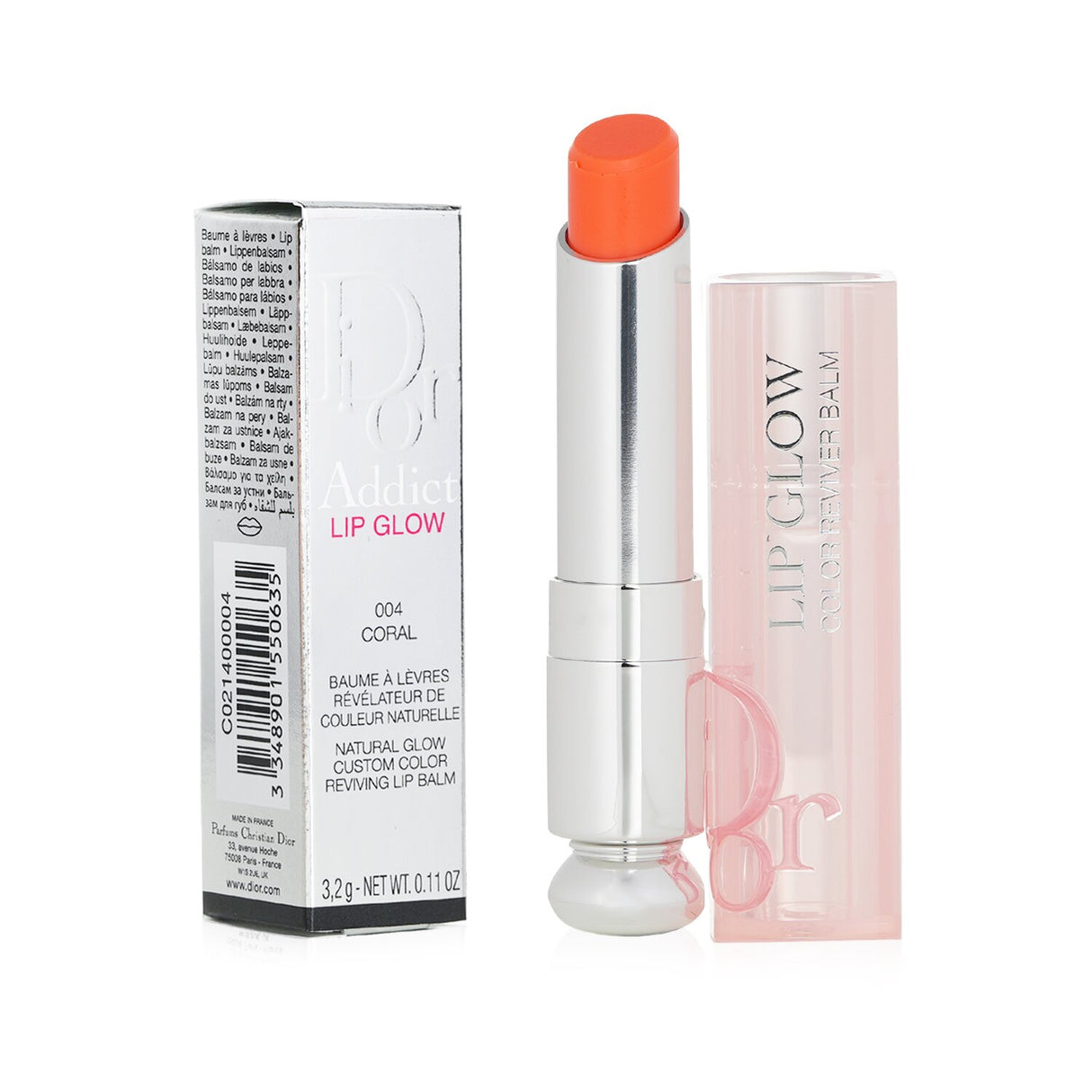 Christian Dior Dior Addict Lip Glow Balm #004 Coral, 3.2g, offers a custom hue, SPF 10, and nourishing hydration for vibrant lips.
