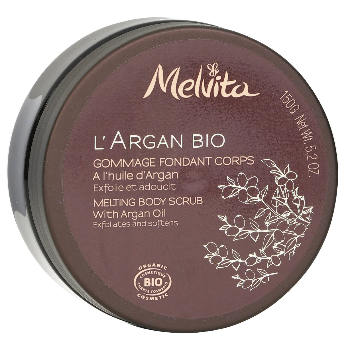Melvita L'Argan Bio Melting Body Scrub with Argan Oil in a 150g jar, gently exfoliates for radiant, hydrated skin.