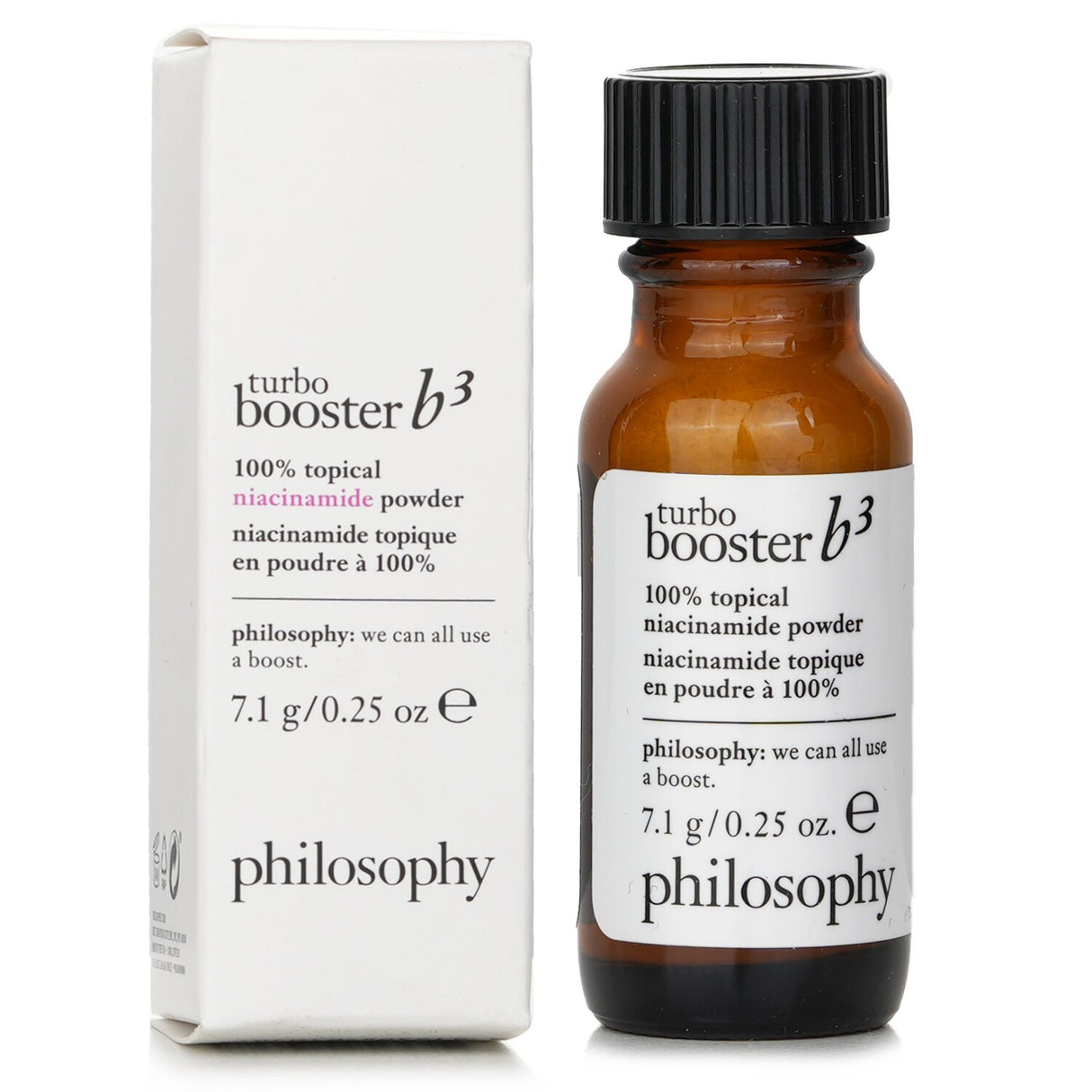 Philosophy Turbo Booster B3 Powder packaging showcasing potent niacinamide for smoother, firmer, and radiant skin.