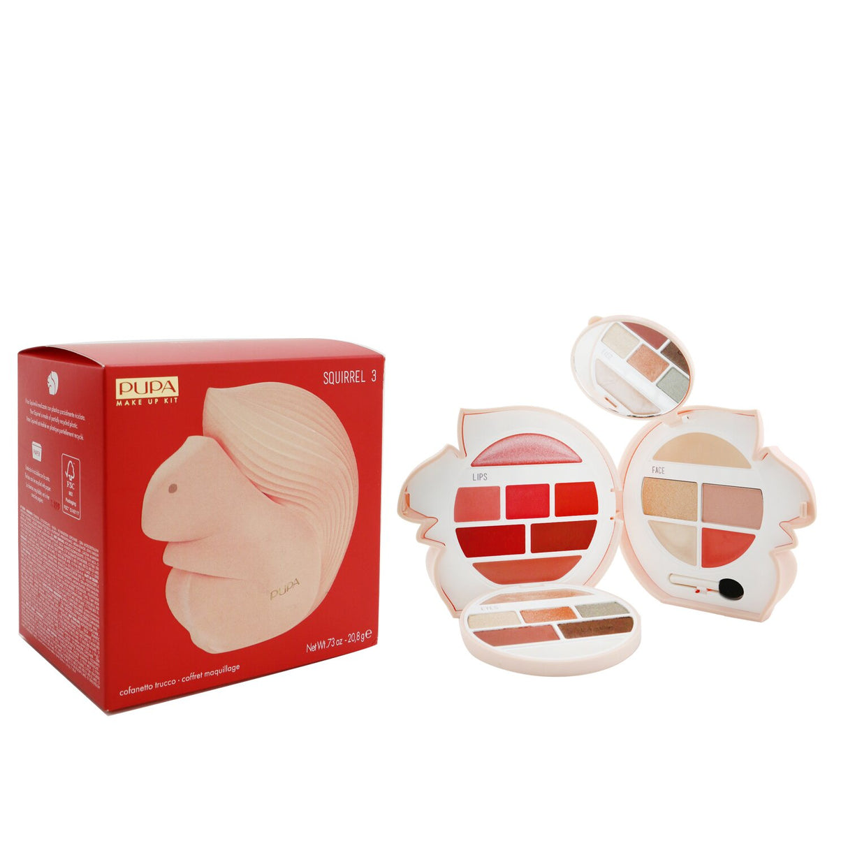 Pupa Squirrel 3 Kit #001 featuring face highlighters, concealer, blush, eyeshadow, lip creams, and gloss for versatile makeup looks.