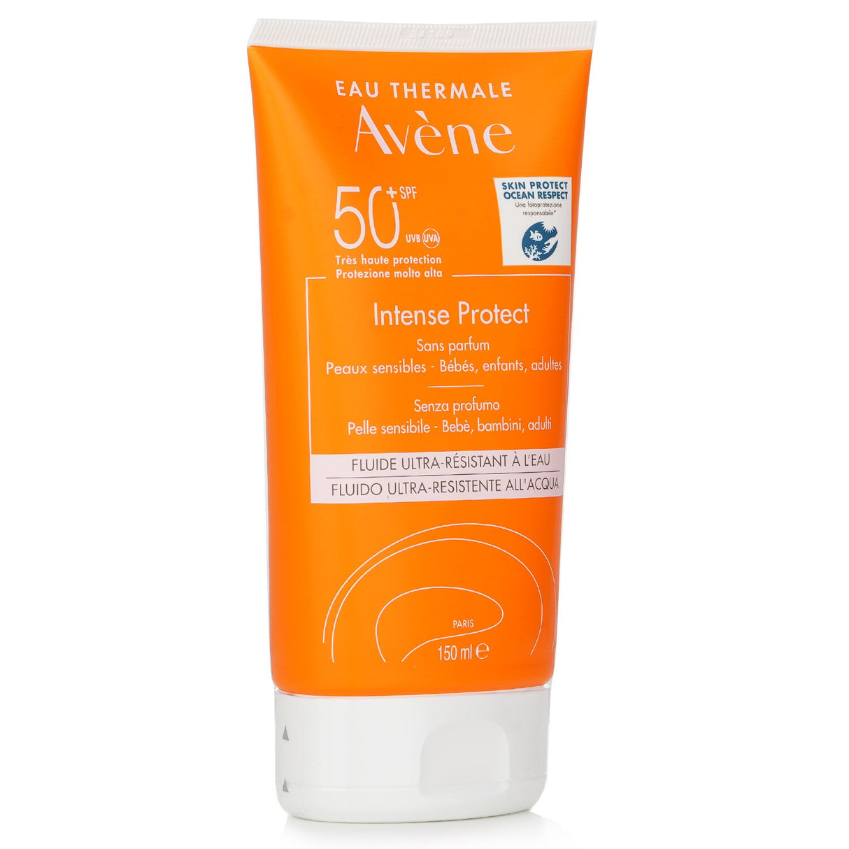 Avene Intense Protect SPF 50 sunscreen for sensitive skin, suitable for all ages, with ultra-high UV protection and no white streaks.