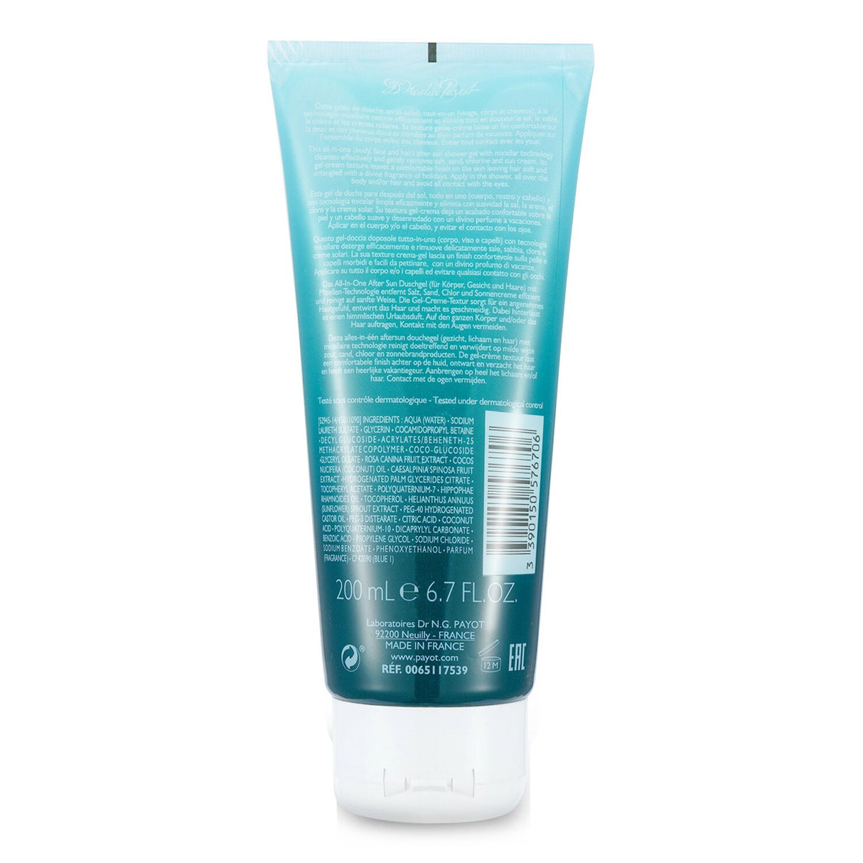 After-sun micellar cleansing gel with bluish creamy texture, suitable for face, body, and hair, enriched with nourishing oils.