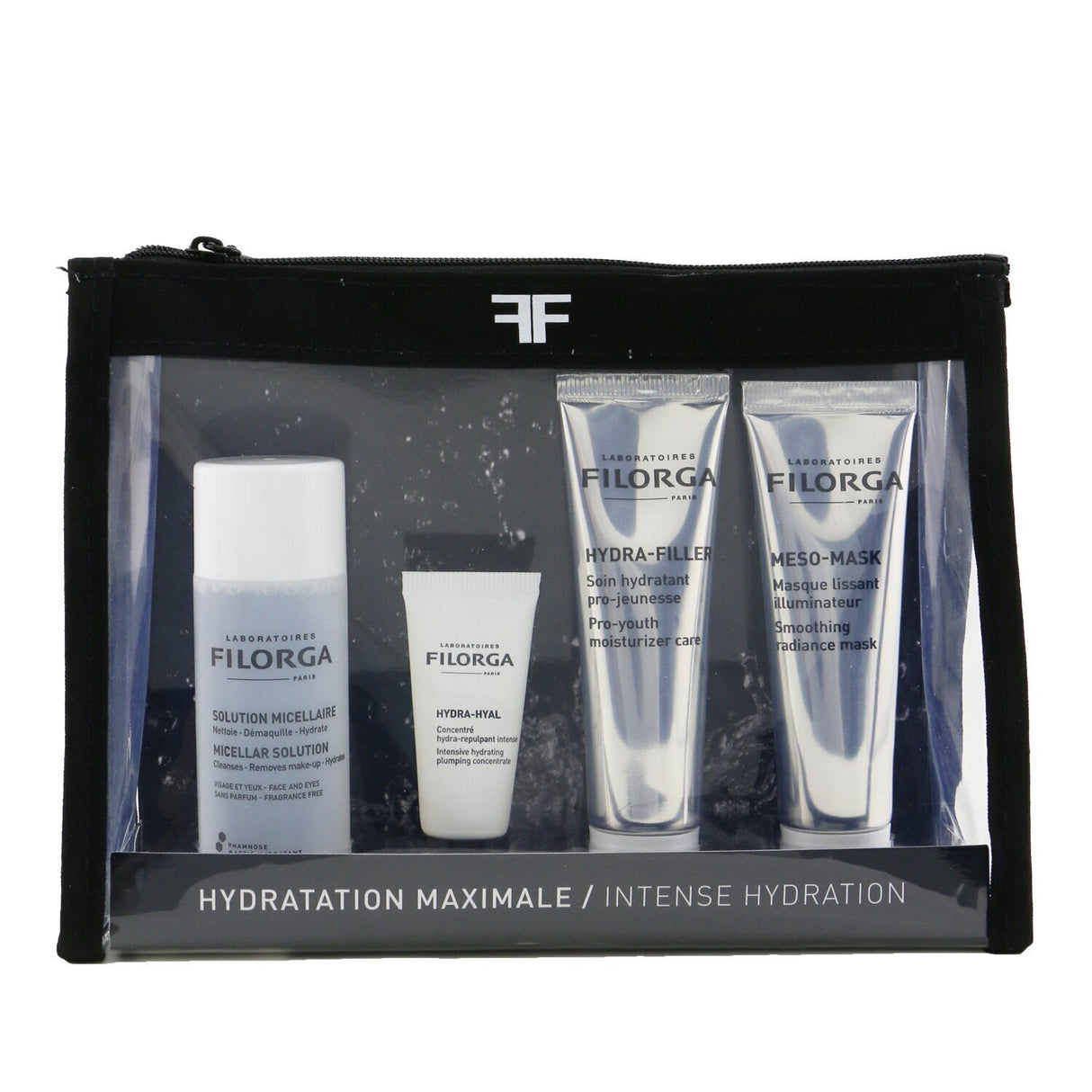 Filorga Intense Hydration Set featuring Micellar Solution, Hydra-Hyal serum, and Hydra-Filler moisturizer for radiant skin.