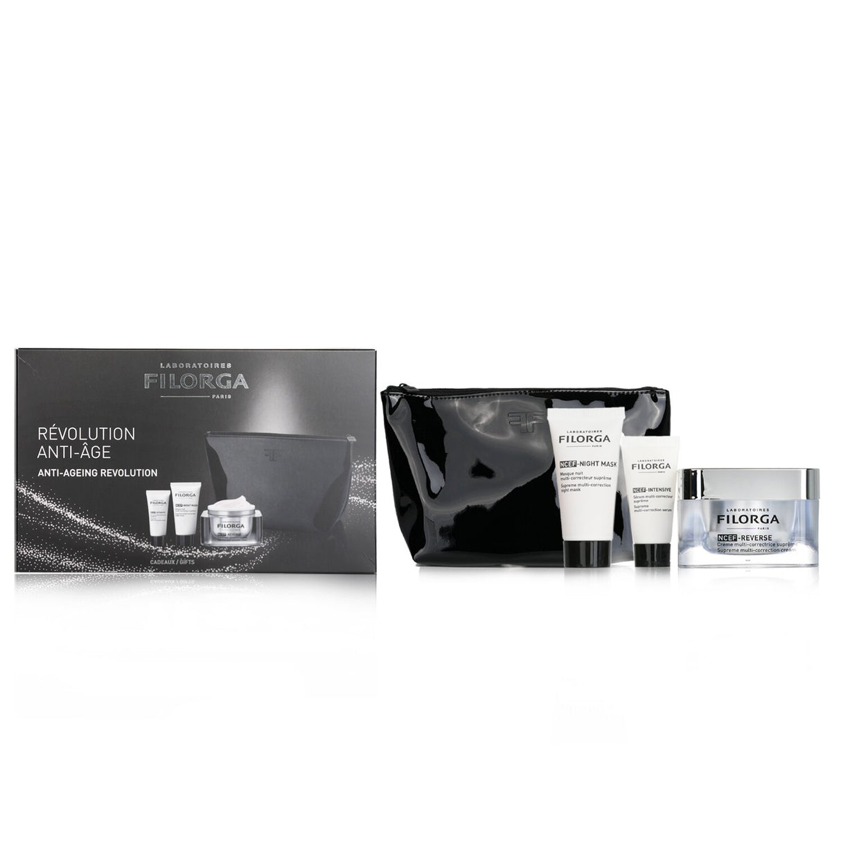 Filorga Anti-Aging Revolution Gift Set with 3 rejuvenating skincare products and stylish bag for youthful, radiant skin.