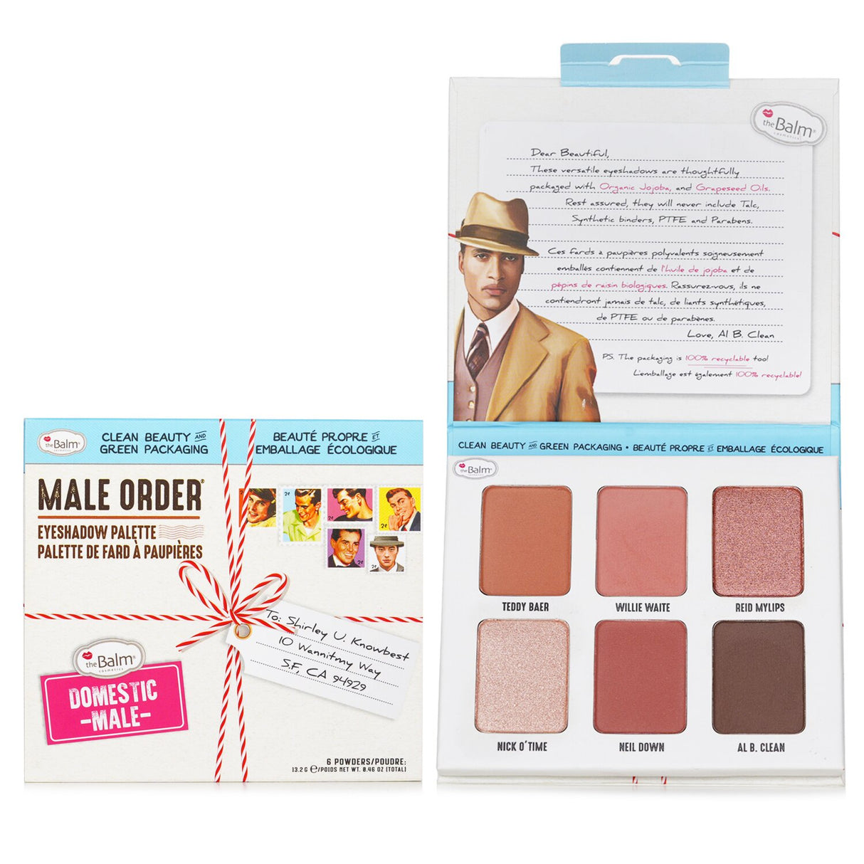 TheBalm Male Order Eyeshadow Palette featuring 6 rich taupe shades, creamy textures, and eco-friendly packaging.
