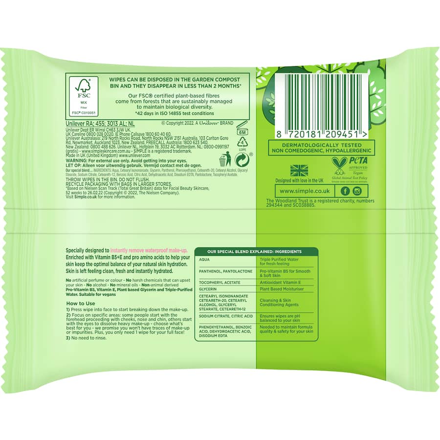 Simple Facial Wipes Biodegradable 50pack