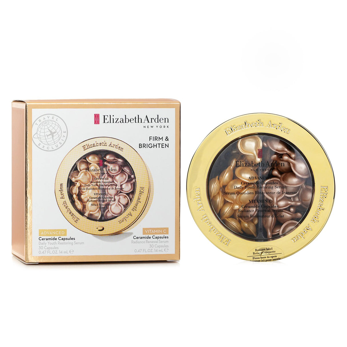 Elizabeth Arden's limited edition capsule duo: revitalizing Advanced Ceramide and brightening Vitamin C serums for youthful skin.