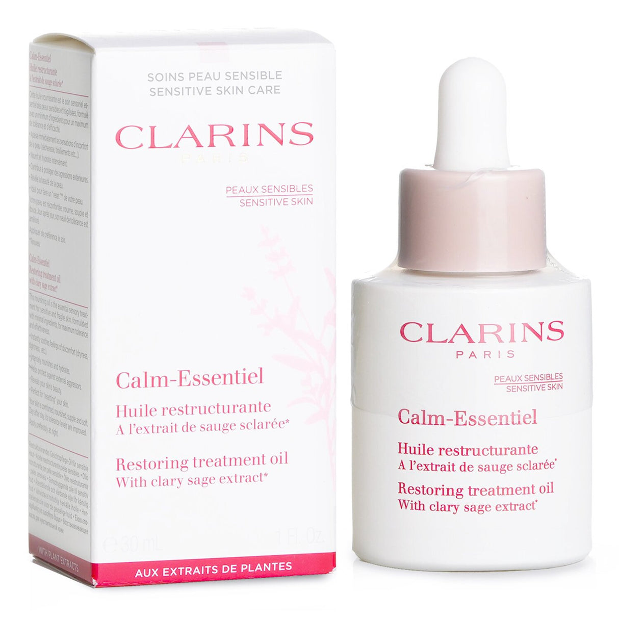 Clarins Calm-Essentiel Restoring Treatment Oil for sensitive skin, featuring Clary Sage Extract for soothing and hydration.