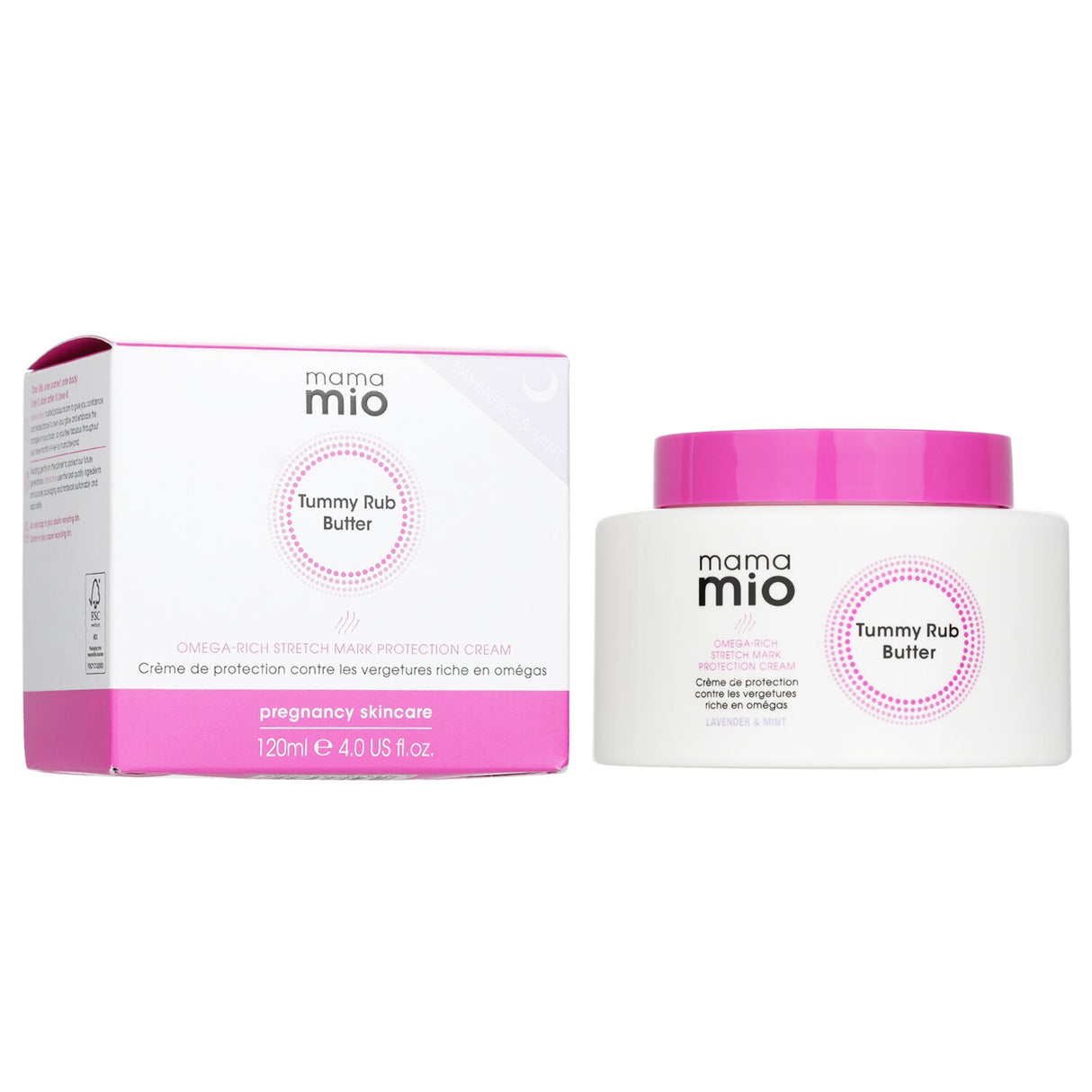 Mama Mio Tummy Rub Butter in Lavender & Mint, a hydrating anti-stretch mark cream for pregnancy and soothing itchy skin.