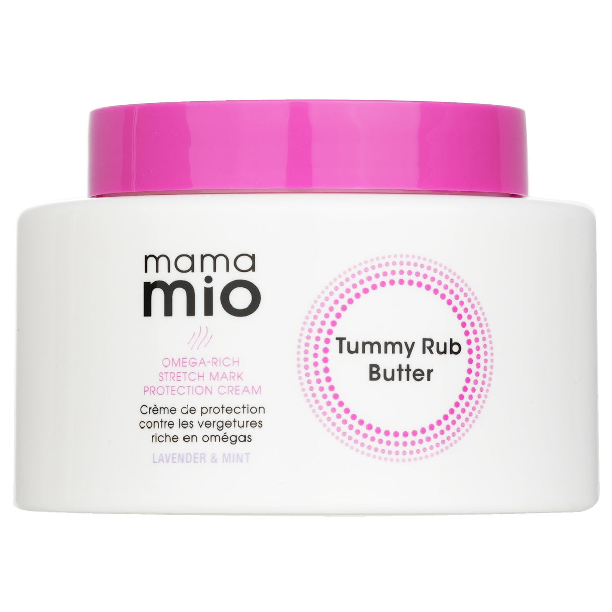 Mama Mio Tummy Rub Butter in Lavender & Mint, a hydrating cream for preventing stretch marks during pregnancy.