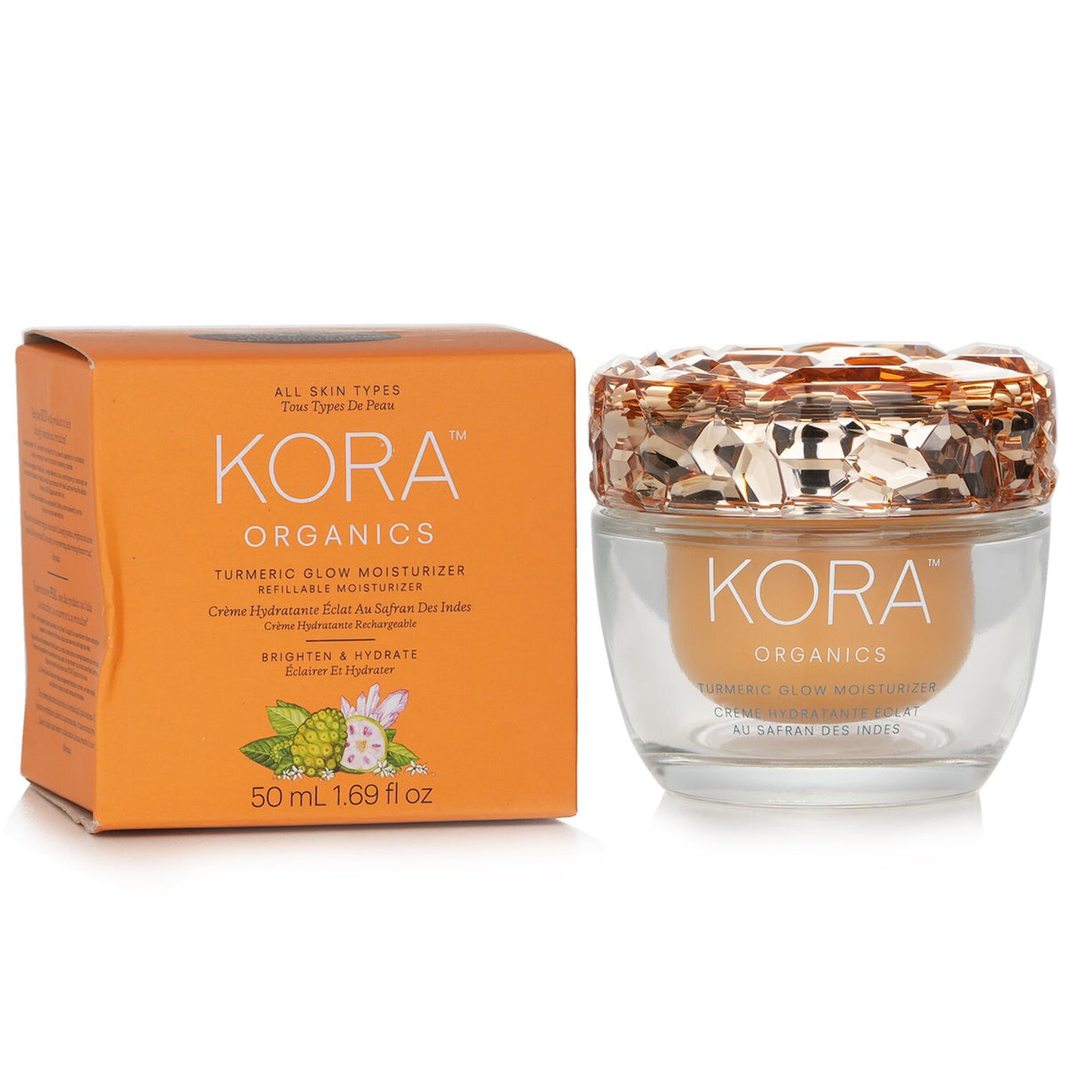 Kora Organics Turmeric Glow Moisturizer: Vegan facial cream with turmeric, licorice, and oils for hydrated, radiant skin.