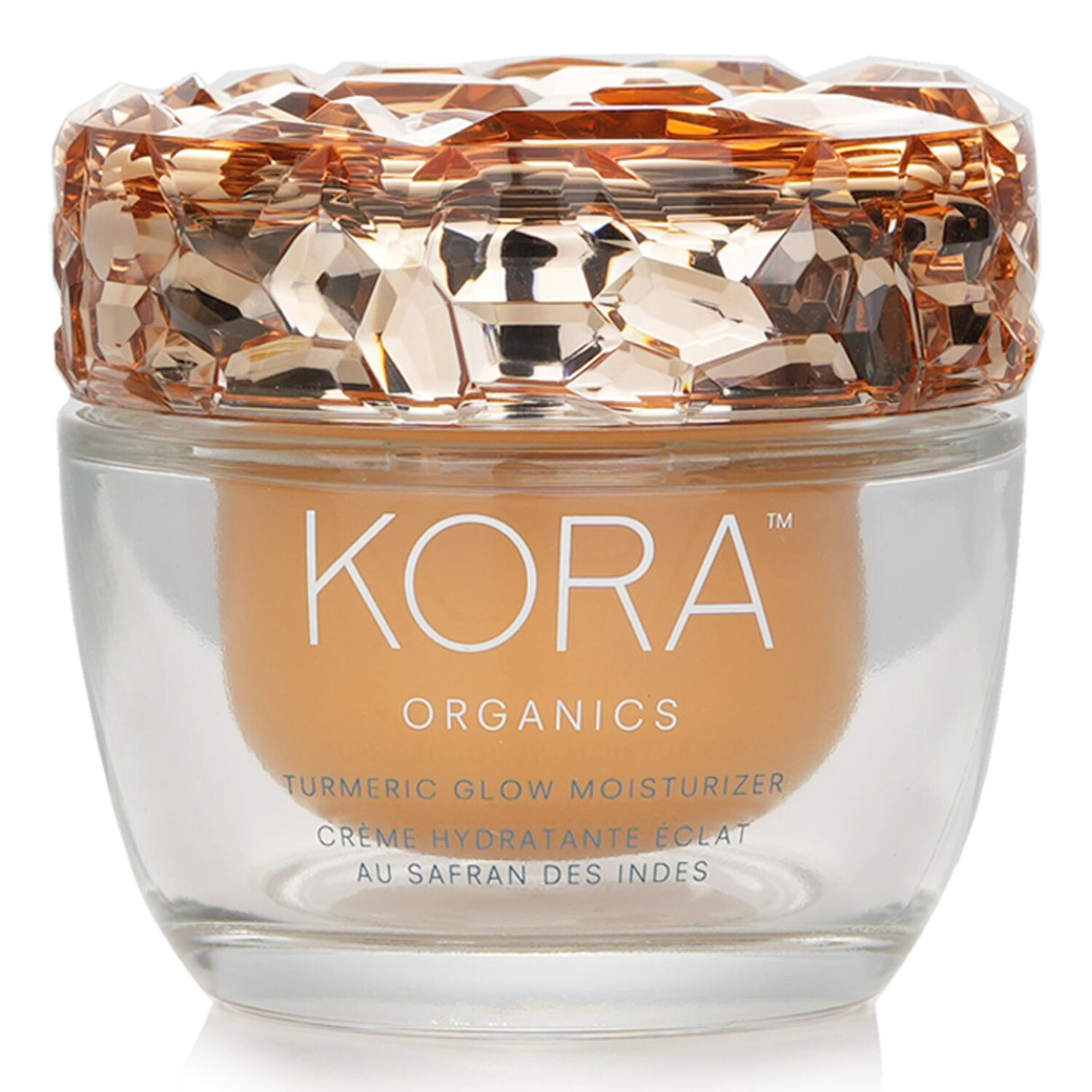 Kora Organics Turmeric Glow Moisturizer in a 50ml jar, featuring vegan, organic ingredients for bright, hydrated skin.