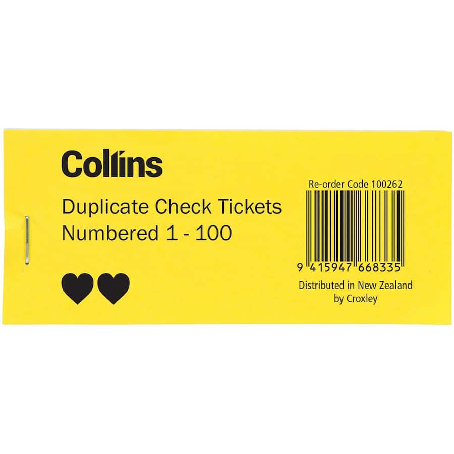 Collins Ticket Book Duplicate Check Tickets 1-100 Each