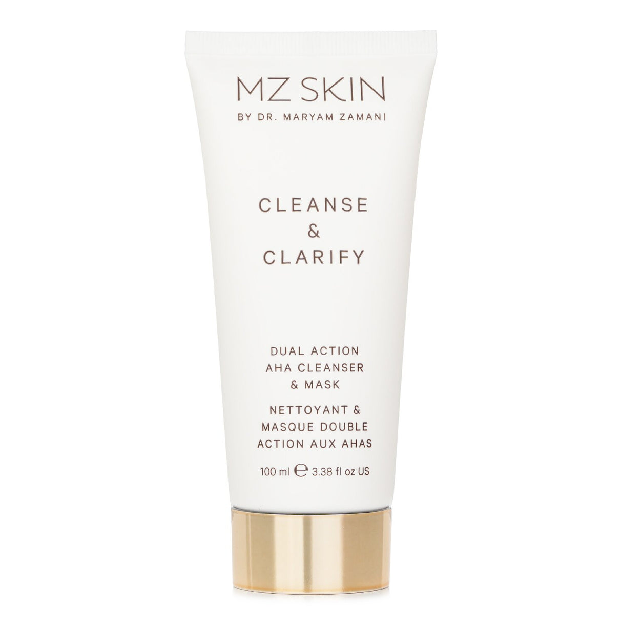 MZ Skin Cleanse & Clarify Dual Action AHA Cleanser & Mask in a 100ml bottle, offering gentle exfoliation and deep cleansing.
