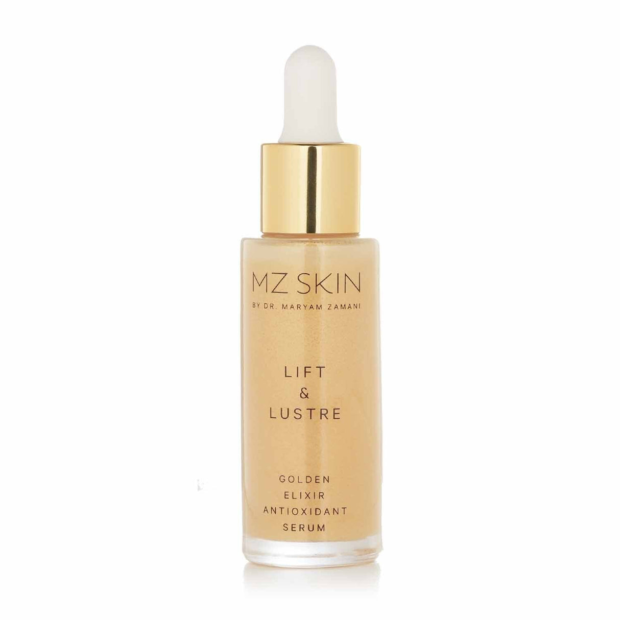 MZ Skin Lift & Lustre Serum in a 30ml bottle, featuring vegan antioxidants and deep hydration for a radiant, glowing complexion.