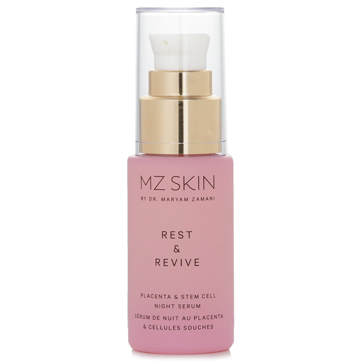 MZ Skin night serum in a sleek 30ml bottle, featuring placenta, stem cells, and peptides for rejuvenating skin overnight.