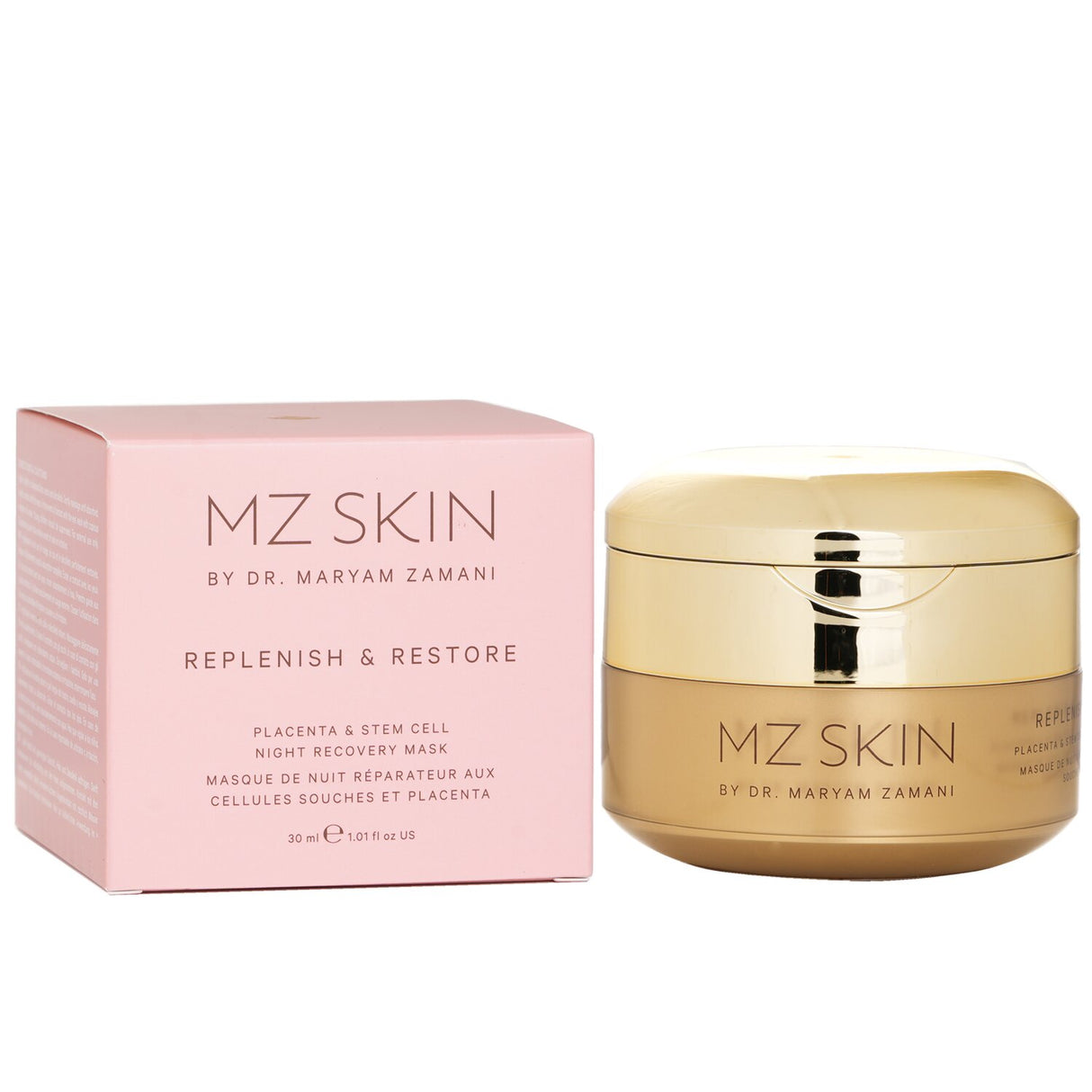 MZ Skin overnight mask featuring placenta, stem cells, and hyaluronic acid for replenished, radiant skin by morning.