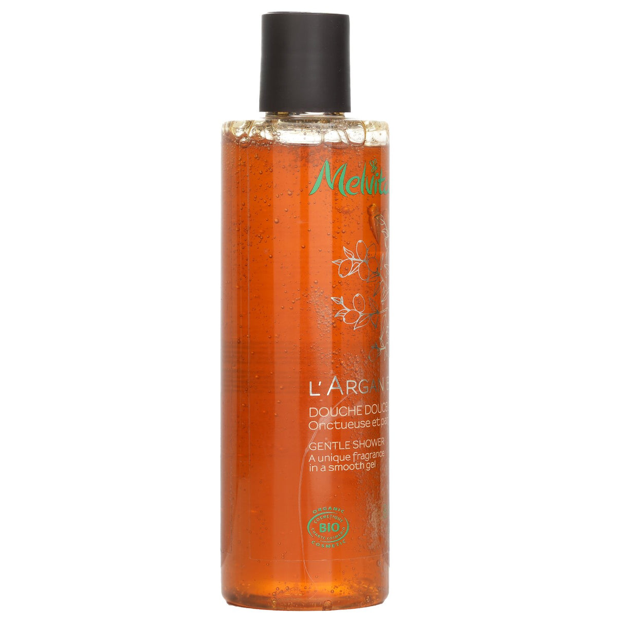 Melvita L'Argan Bio Gentle Shower gel in a floral woody fragrance, 99% natural, sulfate-free, 250ml for all skin types.