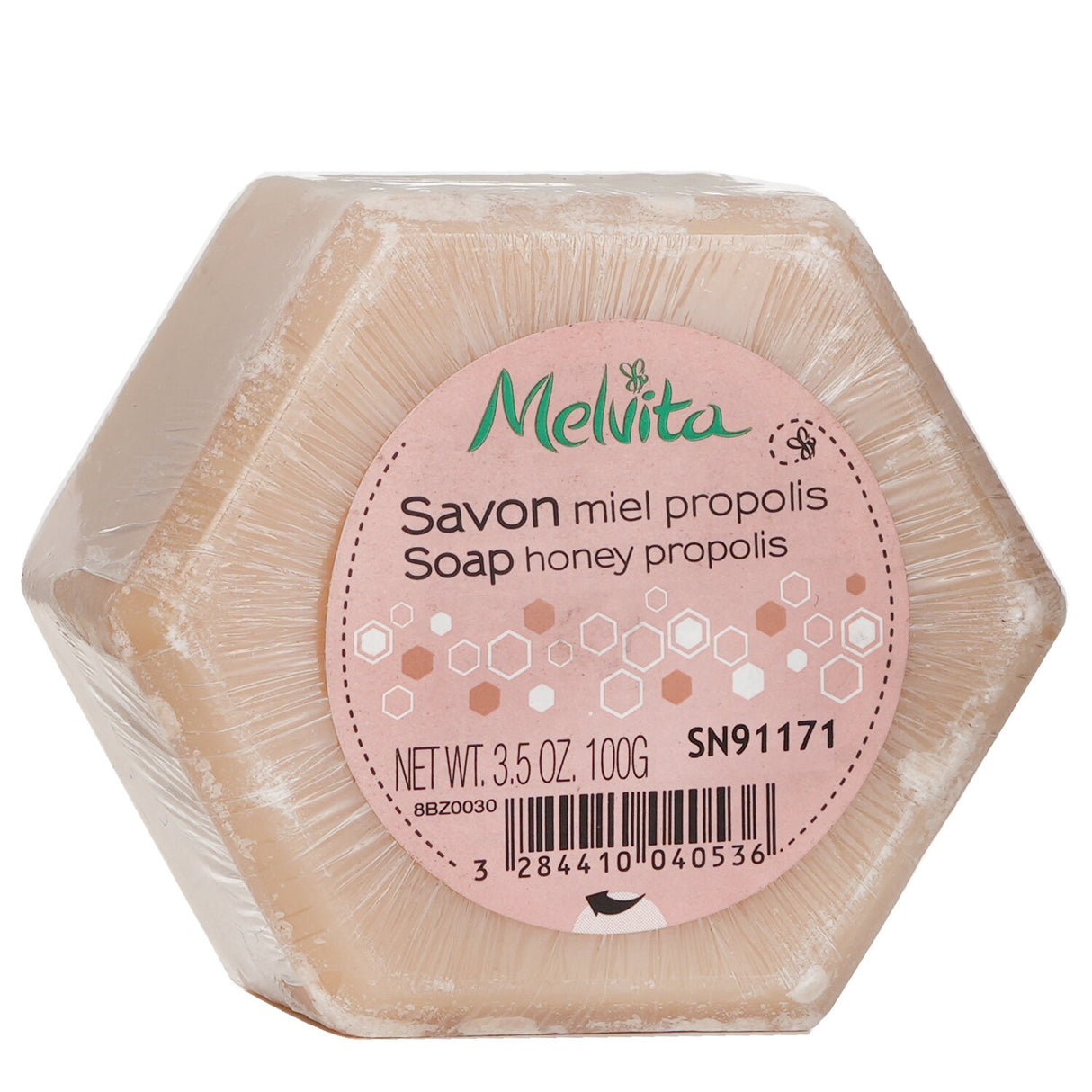 Melvita Honey Propolis Soap in 100g bar, rich in natural ingredients for soft, hydrated, and delicately-scented skin.