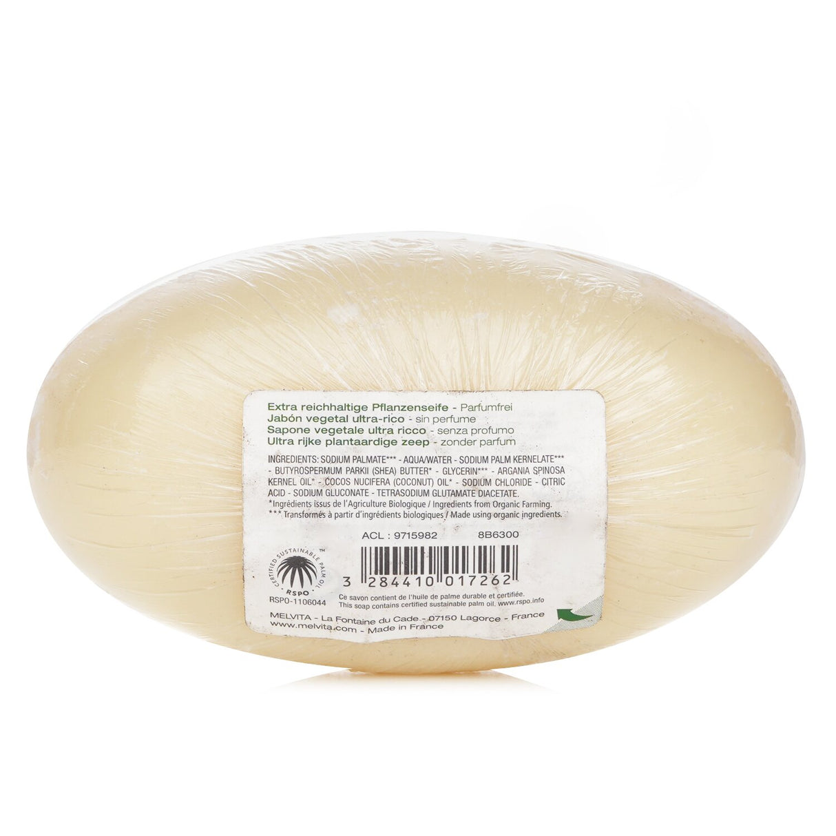 Fragrance-free Melvita Extra Rich Soap with Argan Oil, ideal for dry skin, gently cleanses and nourishes with organic ingredients.