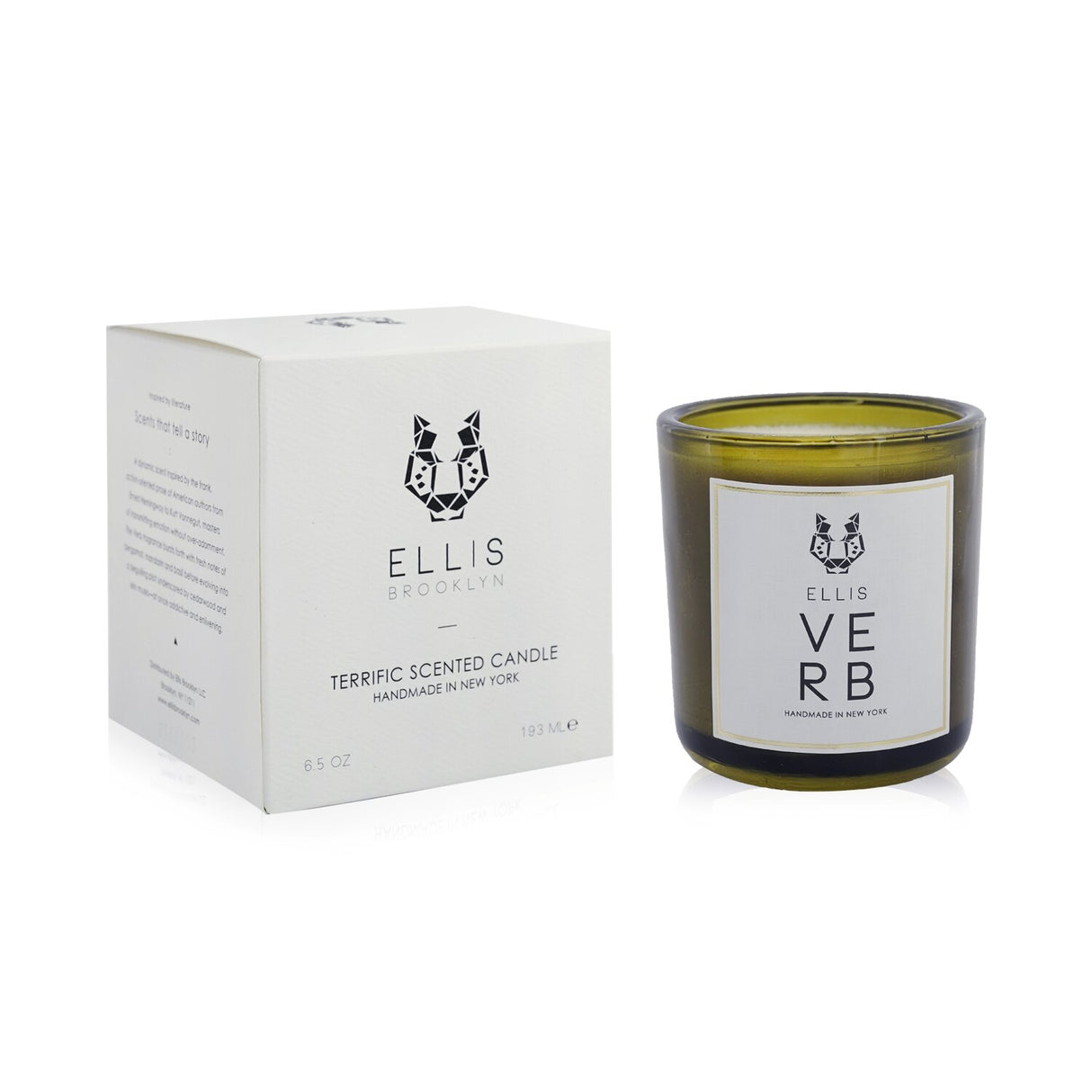 Ellis Brooklyn Terrific Scented Candle in Verb, hand-poured, eco-friendly soy wax blend, elegant glass container, 50-60 hour burn.