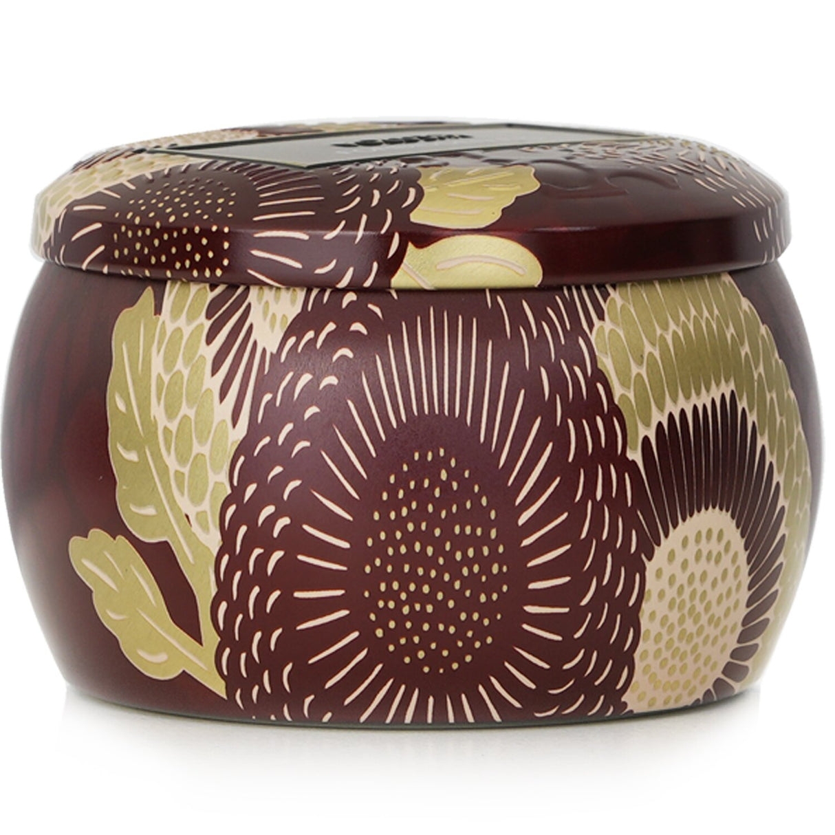 Voluspa mini tin candle in Forbidden Fig features an elegant design, coconut wax blend, and natural wicks for a fragrant ambiance.
