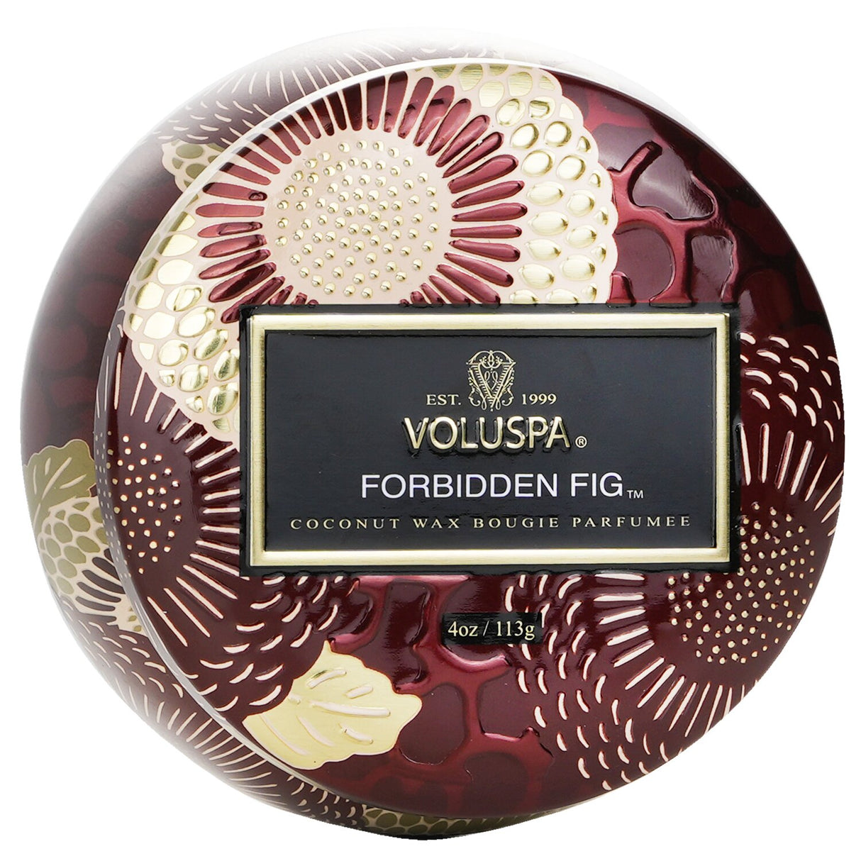 Voluspa Mini Tin Candle in Forbidden Fig, featuring a decorative design and coconut wax blend for a 25-hour burn.