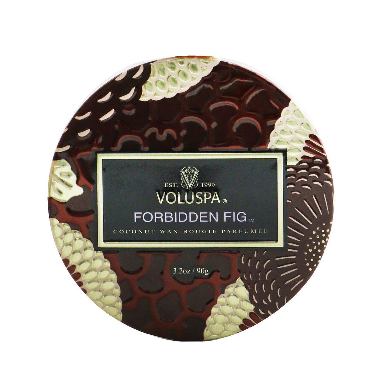 "Voluspa Petite Jar Candle in Forbidden Fig, 90g, with a luxurious coconut wax blend and enchanting fig aroma."