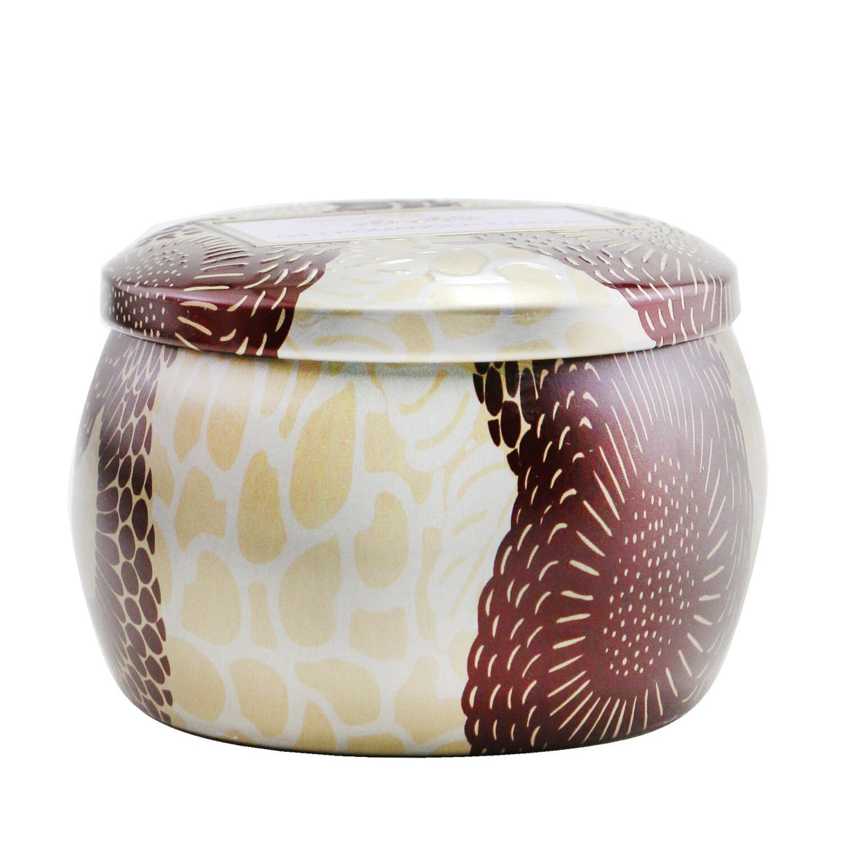 Voluspa Mini Tin Candle in Gilt Pomander & Hinoki, featuring a vibrant tin design and an enchanting 25-hour fragrance experience.