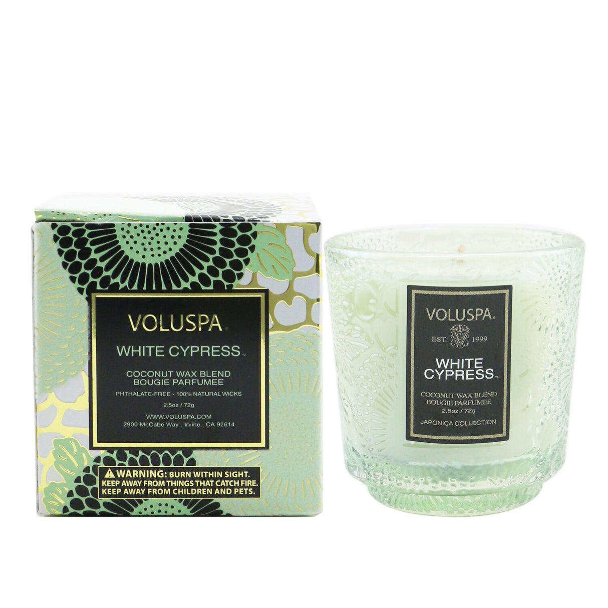 Voluspa Petite Pedestal Candle in White Cypress, elegant glass, coconut wax blend, inviting fragrance, 25-hour burn time.