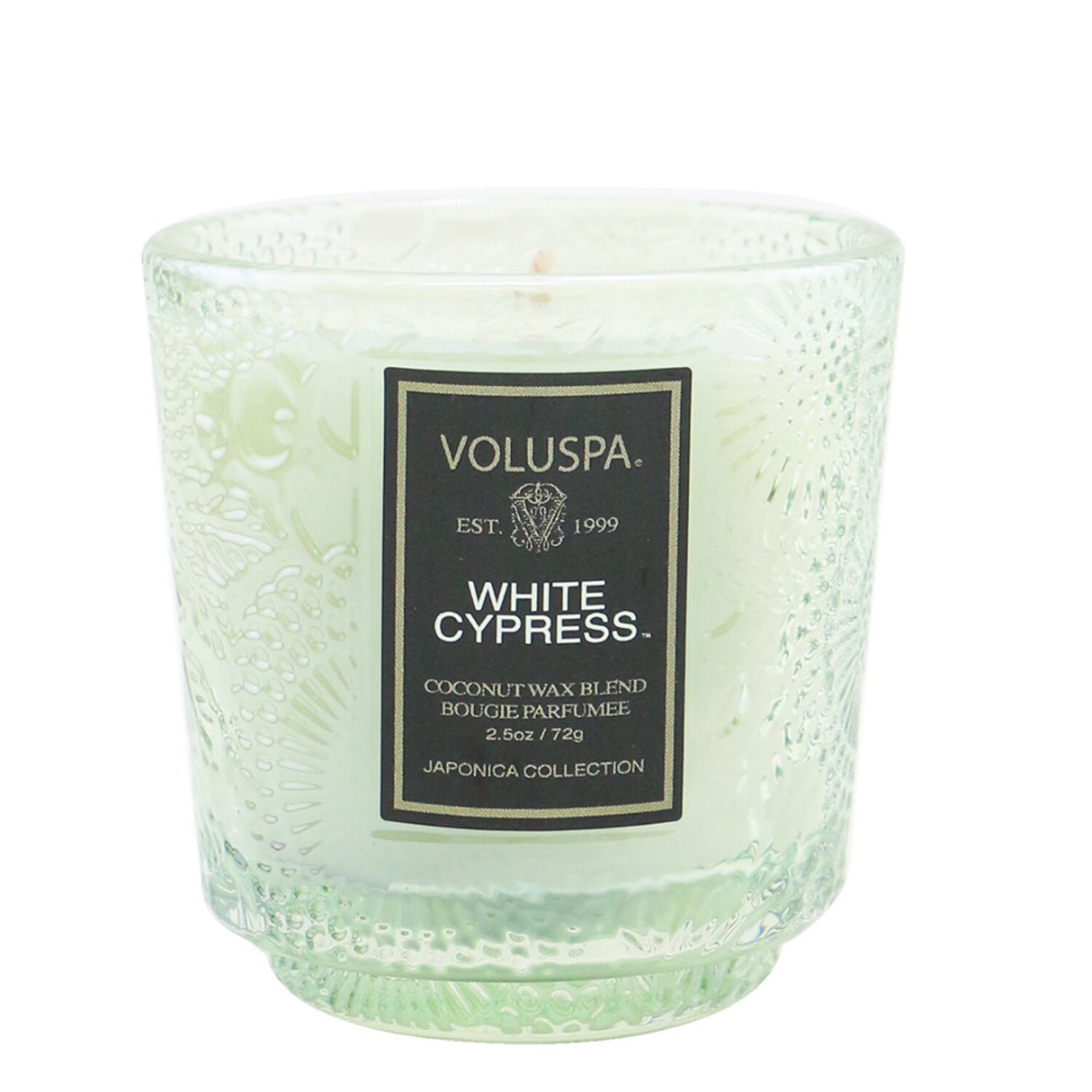 Elegant Voluspa Petite Pedestal Candle in White Cypress, 2.5oz, with coconut wax blend, clean burn, and embossed glass container.