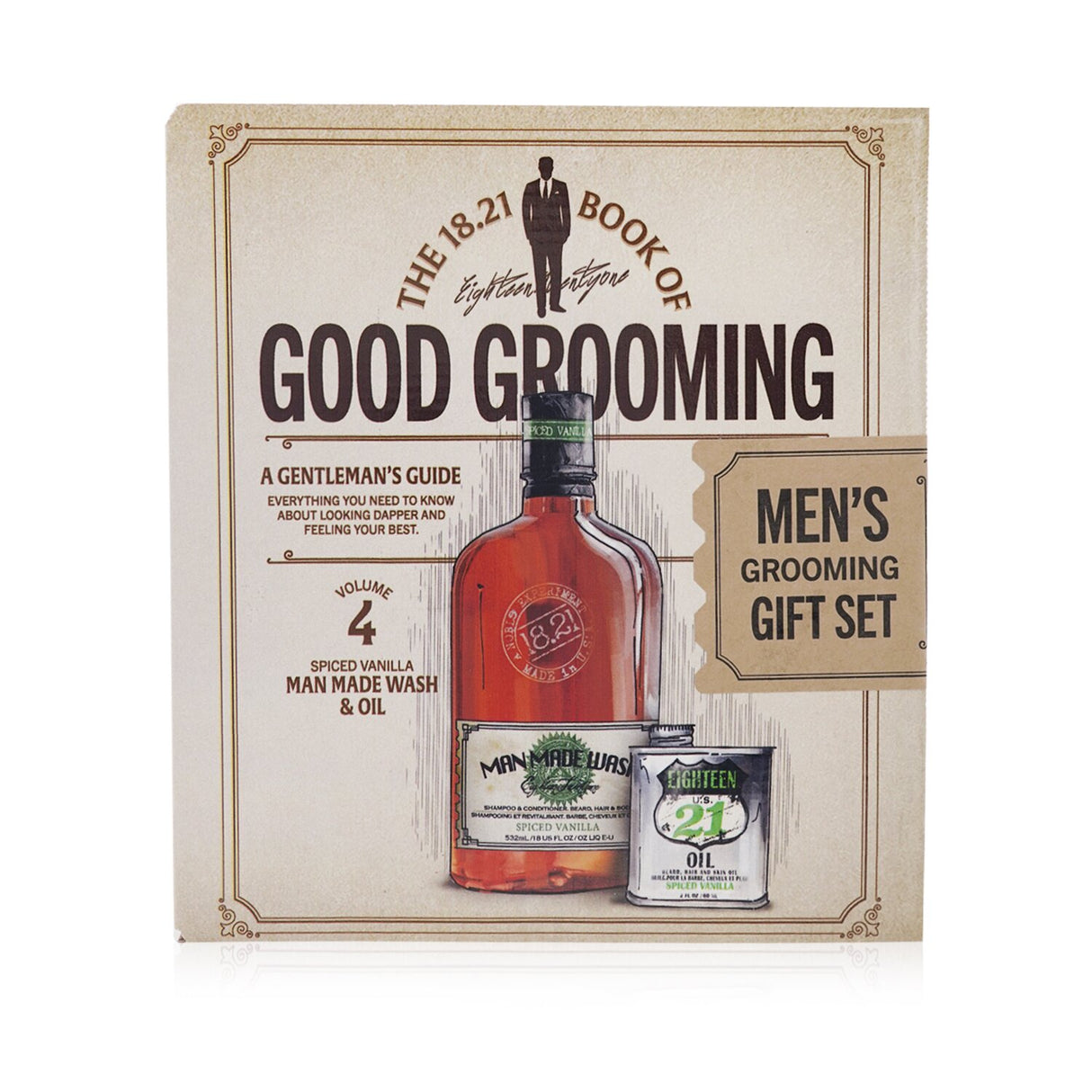 Luxurious 18.21 Man Made Spiced Vanilla Grooming Set with 532ml Wash and 60ml Oil, ideal for sophisticated self-care.