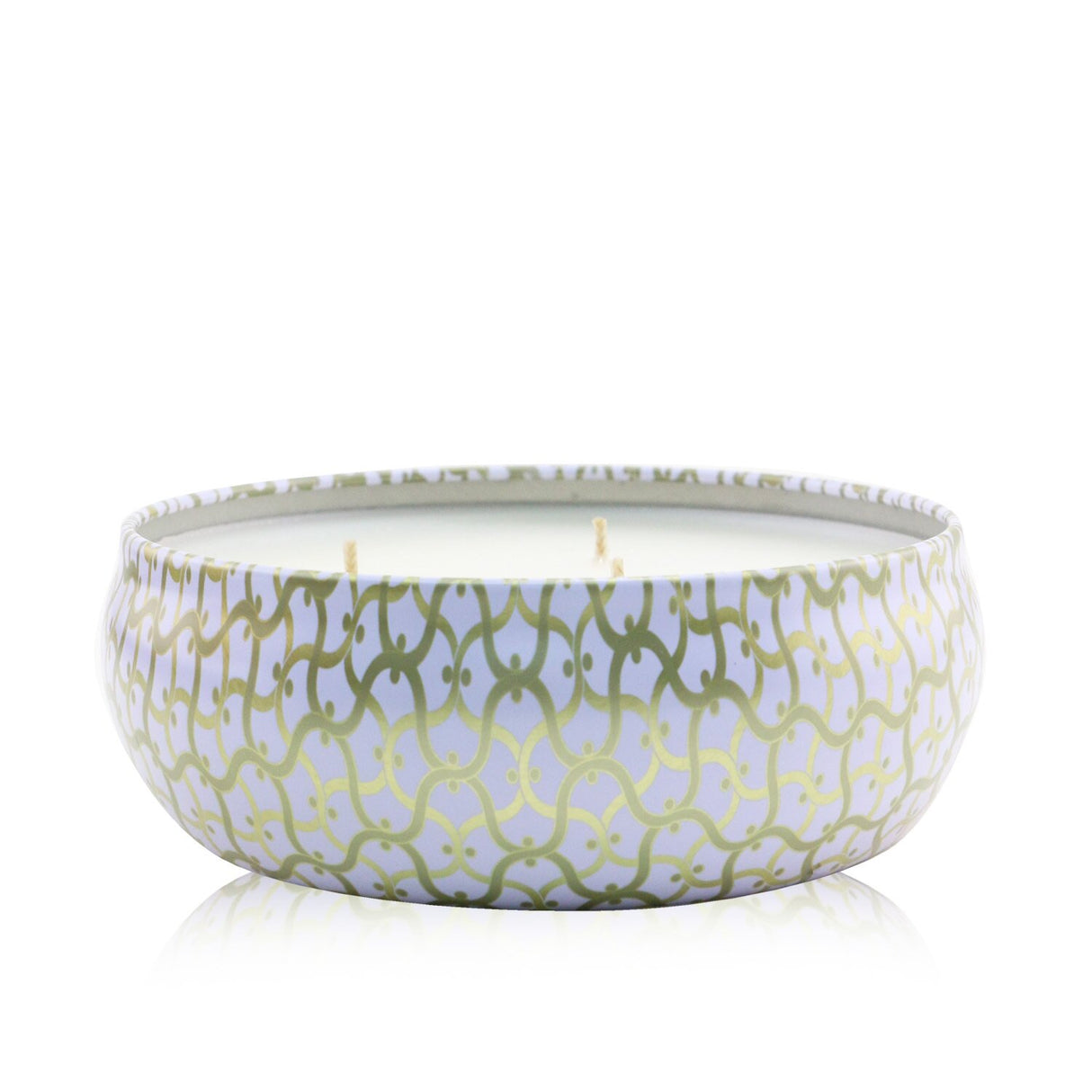 Voluspa 3 Wick Decorative Tin Candle in Eucalyptus & White Sage, featuring a chic metallic design and a 40-hour burn time.