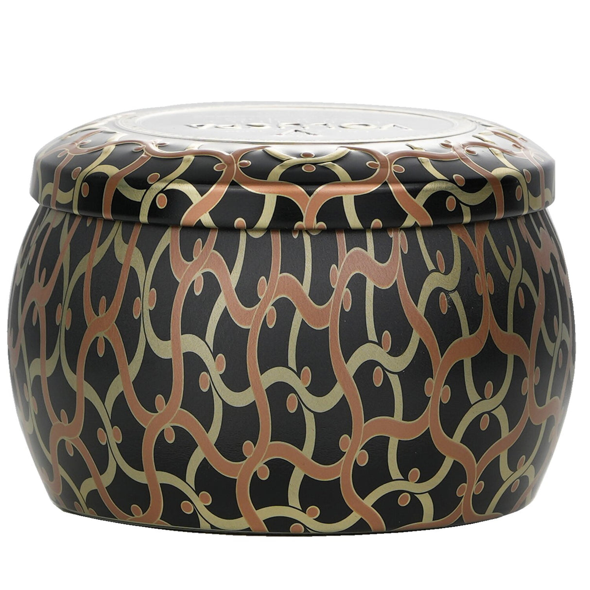 Decorative Voluspa mini tin candle in Burning Woods, featuring a vibrant Japanese design and eco-friendly coconut wax blend.