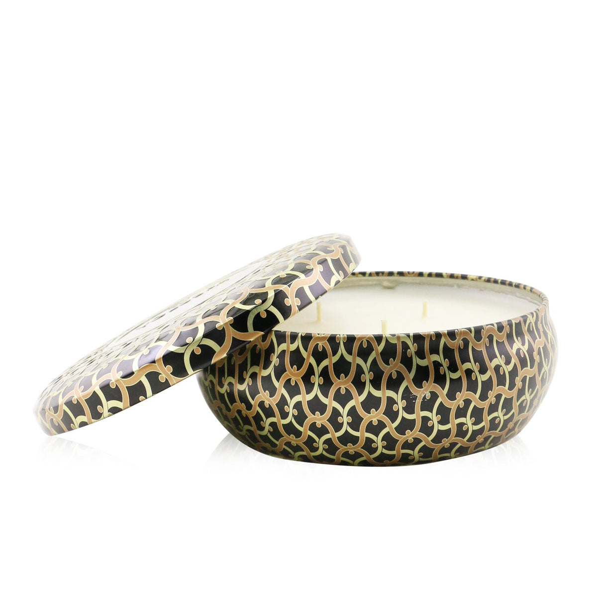 Voluspa 3 Wick Decorative Tin Candle in Burning Woods, a stylish candle with rich jewel tones and a clean, inviting fragrance.