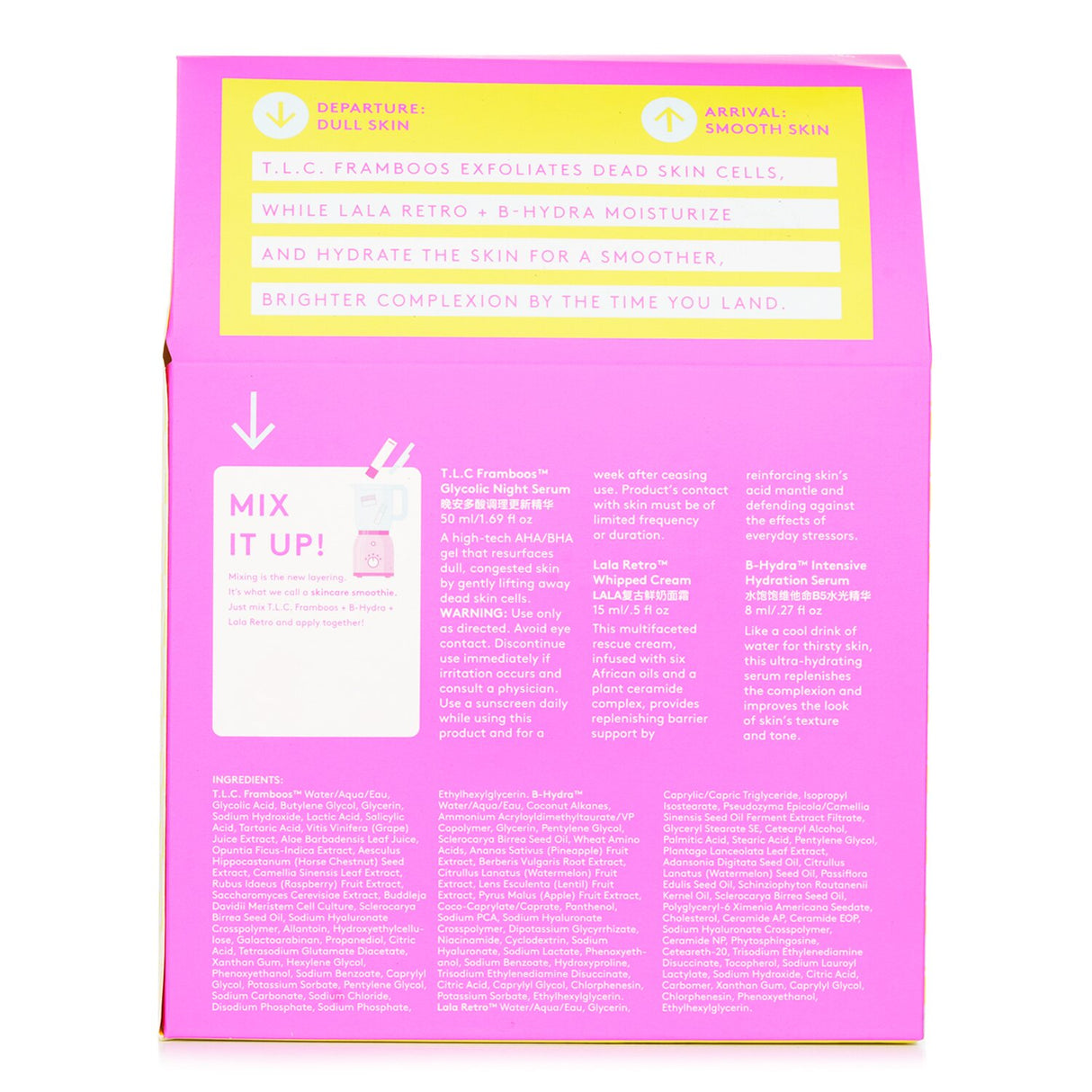 "Drunk Elephant TakeOff Kit featuring T.L.C. Framboos Serum, B-Hydra Serum, and Lala Retro Cream for radiant, rejuvenated skin."