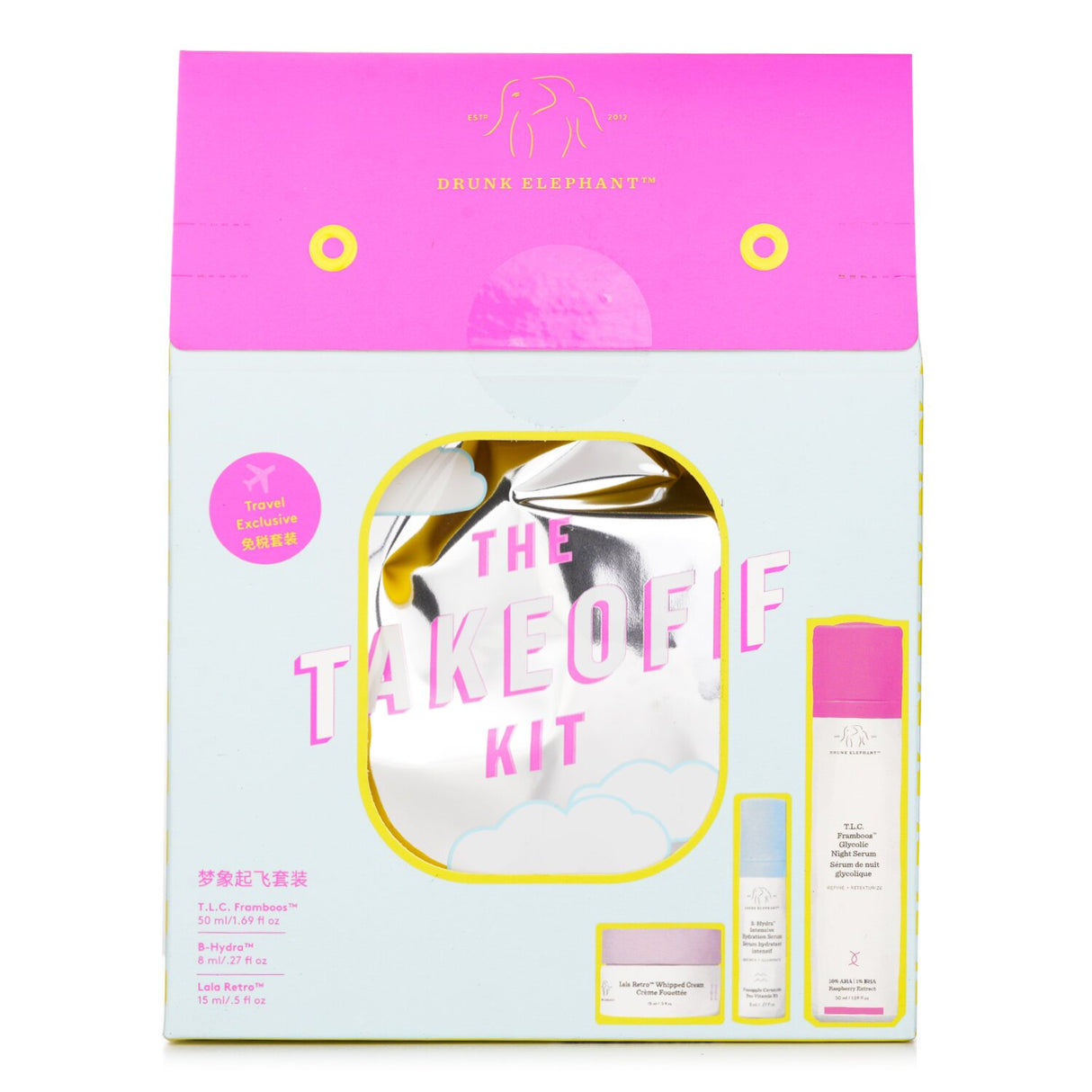 Drunk Elephant TakeOff Kit with T.L.C. Framboos Night Serum and B-Hydra Serum for rejuvenating, hydrating skincare.
