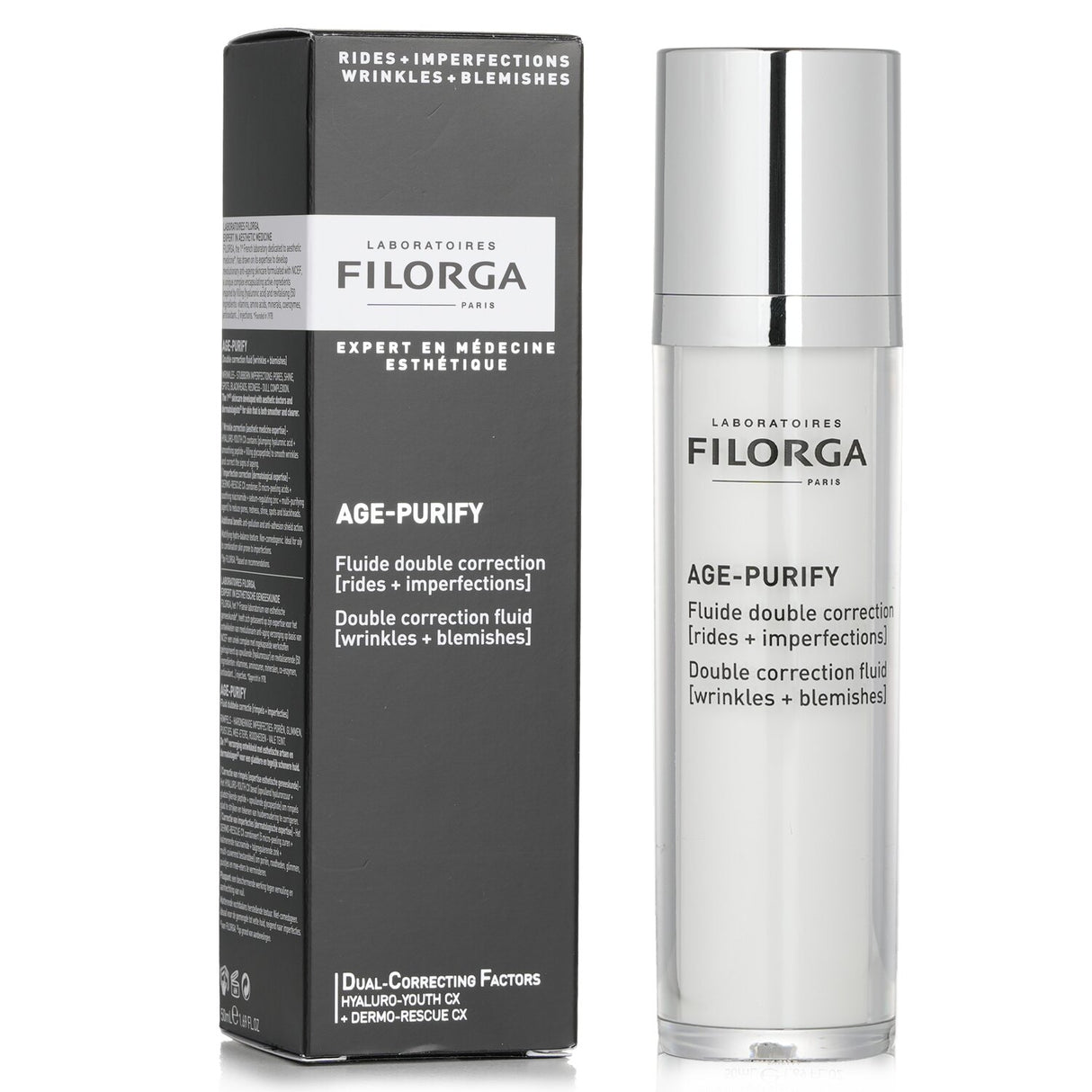 Filorga Age-Purify Double Correction Fluid in a 50ml bottle, targeting wrinkles and blemishes for clearer, youthful skin.