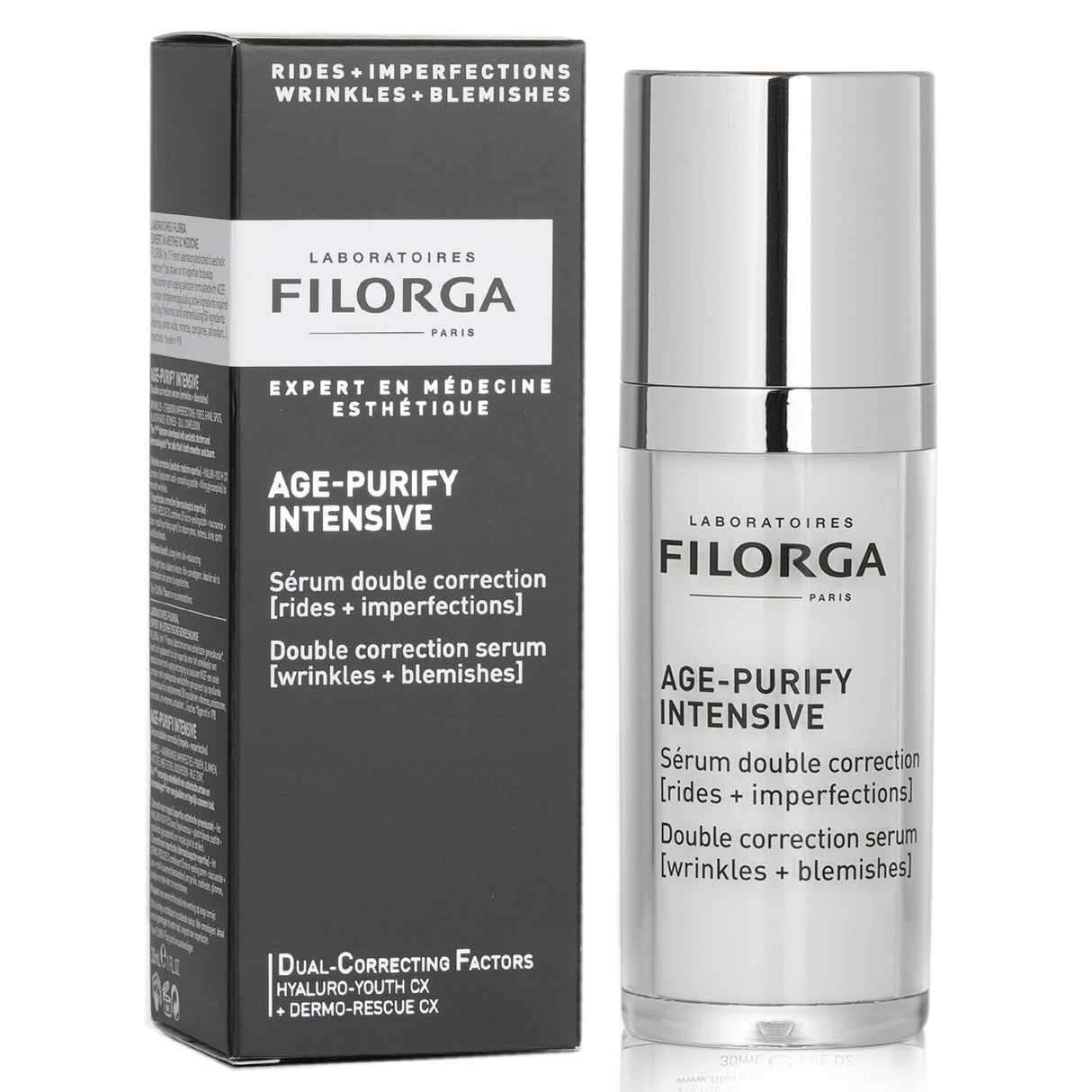 Filorga Age-Purify Serum in a sleek 30ml bottle, targeting wrinkles and blemishes for clearer, more youthful skin.