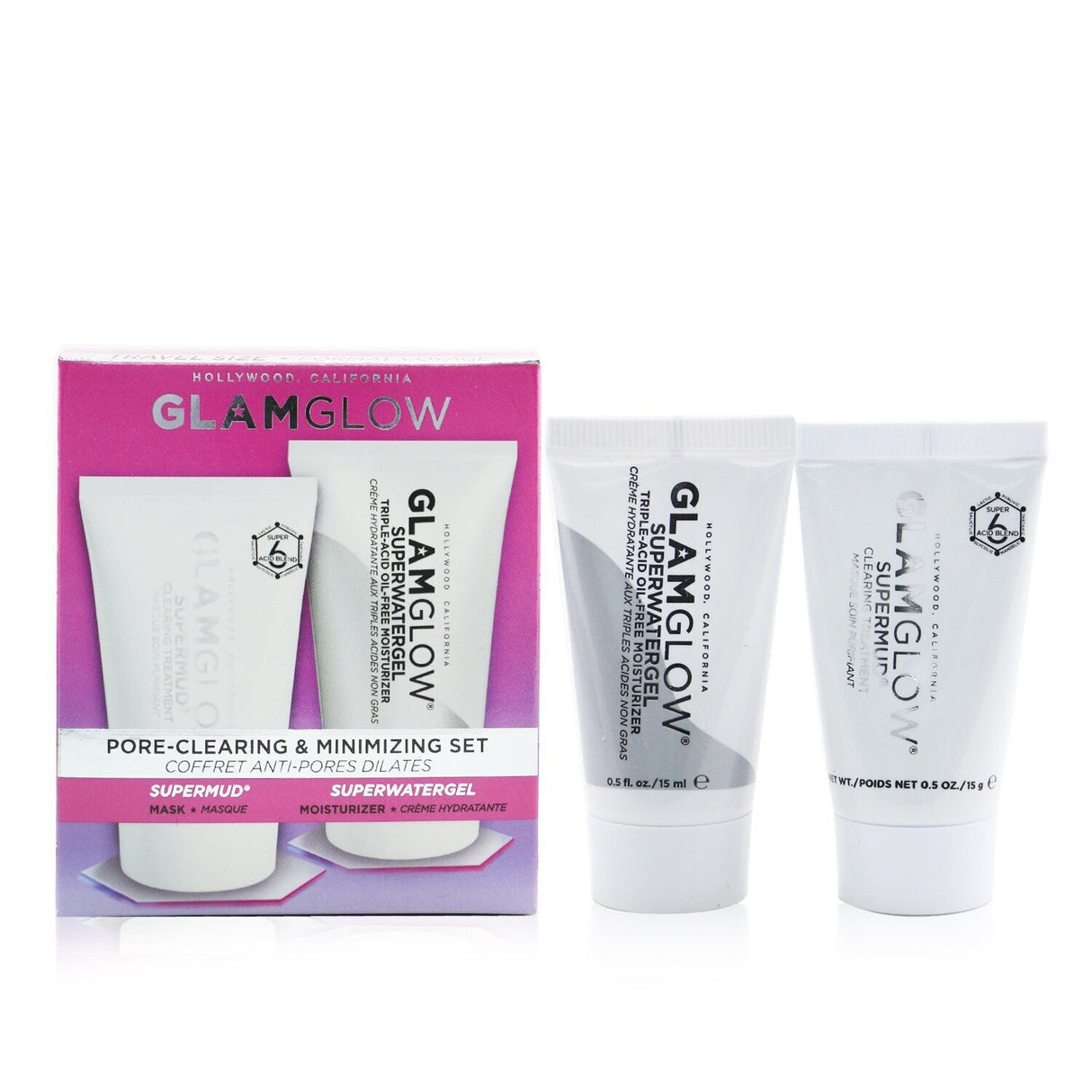 Glamglow Pore-Clearing Set featuring Supermud Treatment and Superwatergel, designed to detoxify and hydrate oily skin.