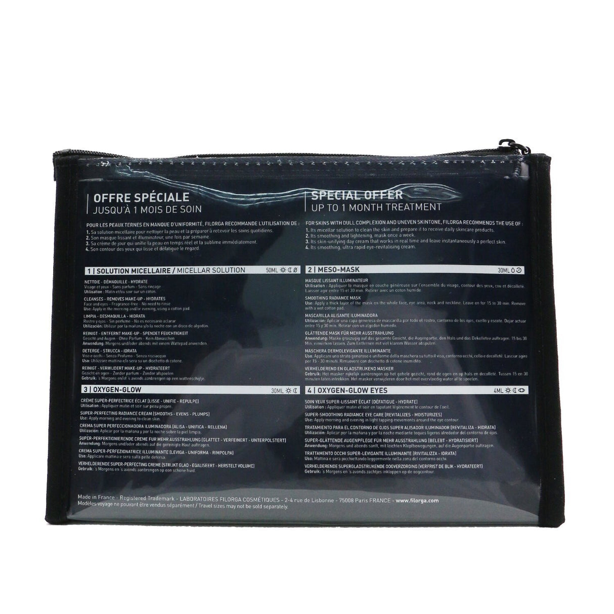 Filorga Radiance Boosters Set featuring Micellar Solution, Meso-Mask, and Oxygen-Glow products for rejuvenating skincare.