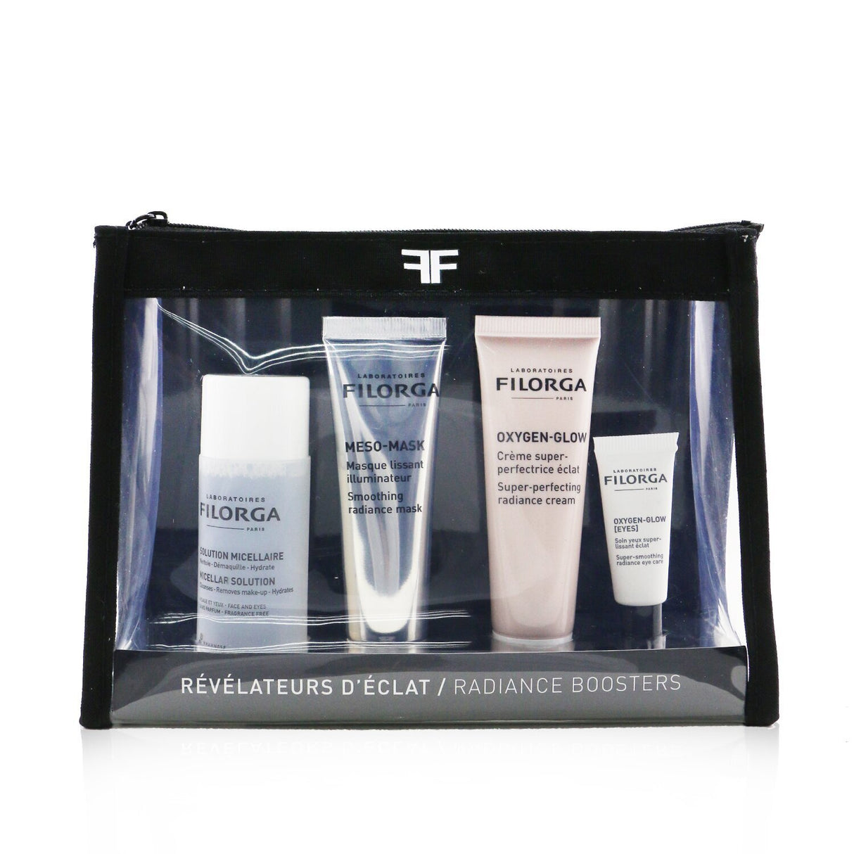 Filorga Radiance Boosters Set: 4 luxurious skincare products for glowing, rejuvenated skin, including micellar solution and oxygen-glow cream.