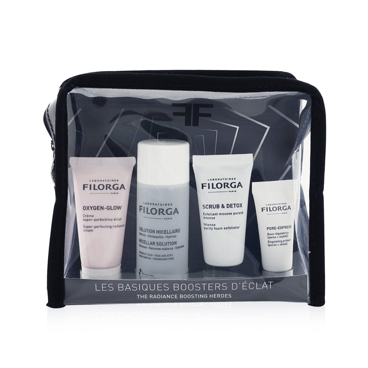 Filorga Radiance Boosting Heroes Set featuring Oxygen Glow Cream and Micellar Solution for luminous, hydrated skin.