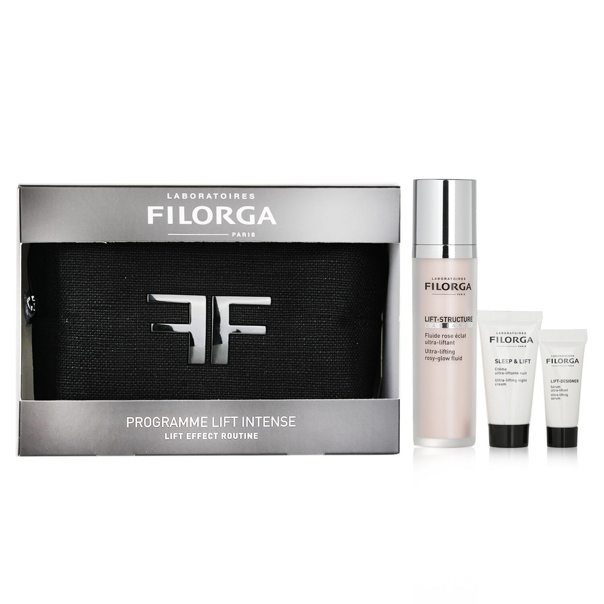 Filorga's Lift Effect Routine: 50ml rosy-glow fluid, 7ml lifting serum, 15ml night cream, all in a stylish bag for radiant skin.