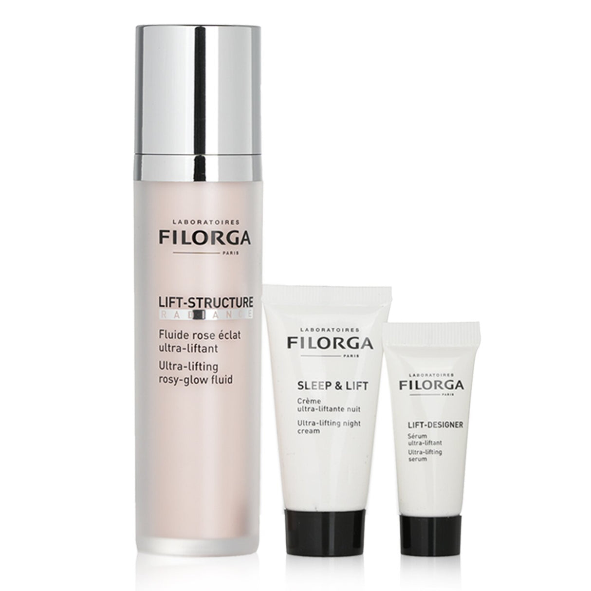 Luxurious Filorga skincare set with ultra-lifting rosy-glow fluid, serum, night cream, and stylish bag for youthful radiance.