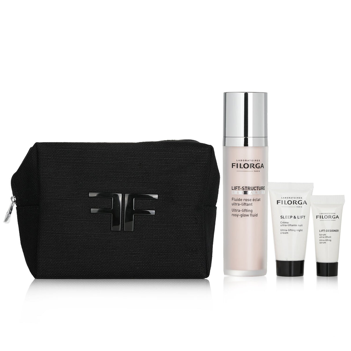 Filorga's Lift Intense Routine features a rosy-glow fluid and serum for youthful, radiant skin, plus a night cream and stylish bag.