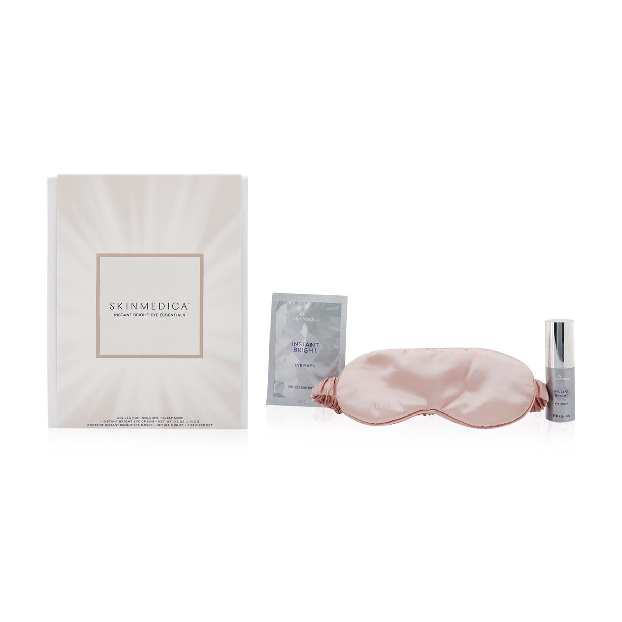 Skin Medica Instant Bright Eye Essentials Set: Eye cream, masks, and silky sleep mask for brightening and rejuvenating tired eyes.