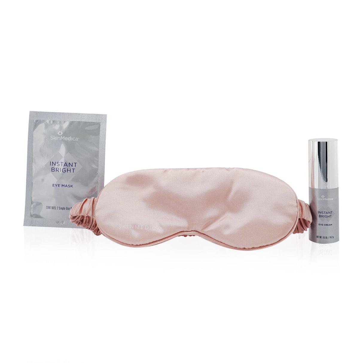 Skin Medica Instant Bright Eye Essentials Set featuring brightening eye cream, masks, and a silky sleep mask for refreshed eyes.